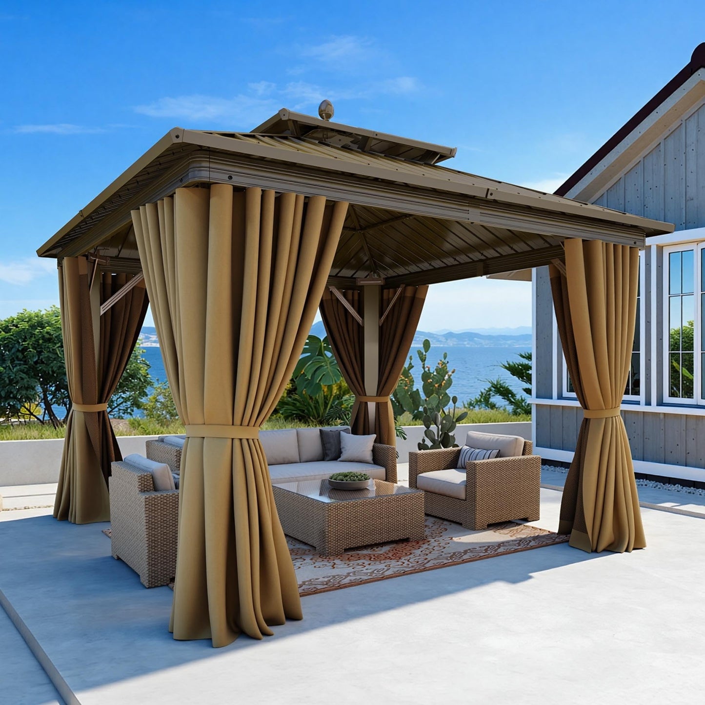 DWVO 10x10ft Aluminum Gazebo Hardtop Double Roof Canopy Outdoor Gazebo Galvanized Roof with Netting and Curtain Garden Tent for Patio, Backyard and Deck