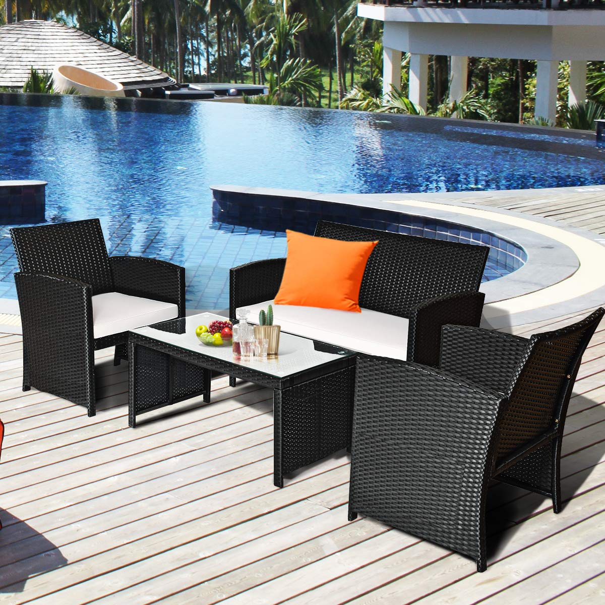 Tangkula Patio Wicker Conversation Furniture Set, Patiojoy Sofa & Table Set w/4 Seats, Outdoor Rattan Sofa Set for Balcony Backyard, Wicker Chair Set with Tempered Glass Coffee Table (1, White)