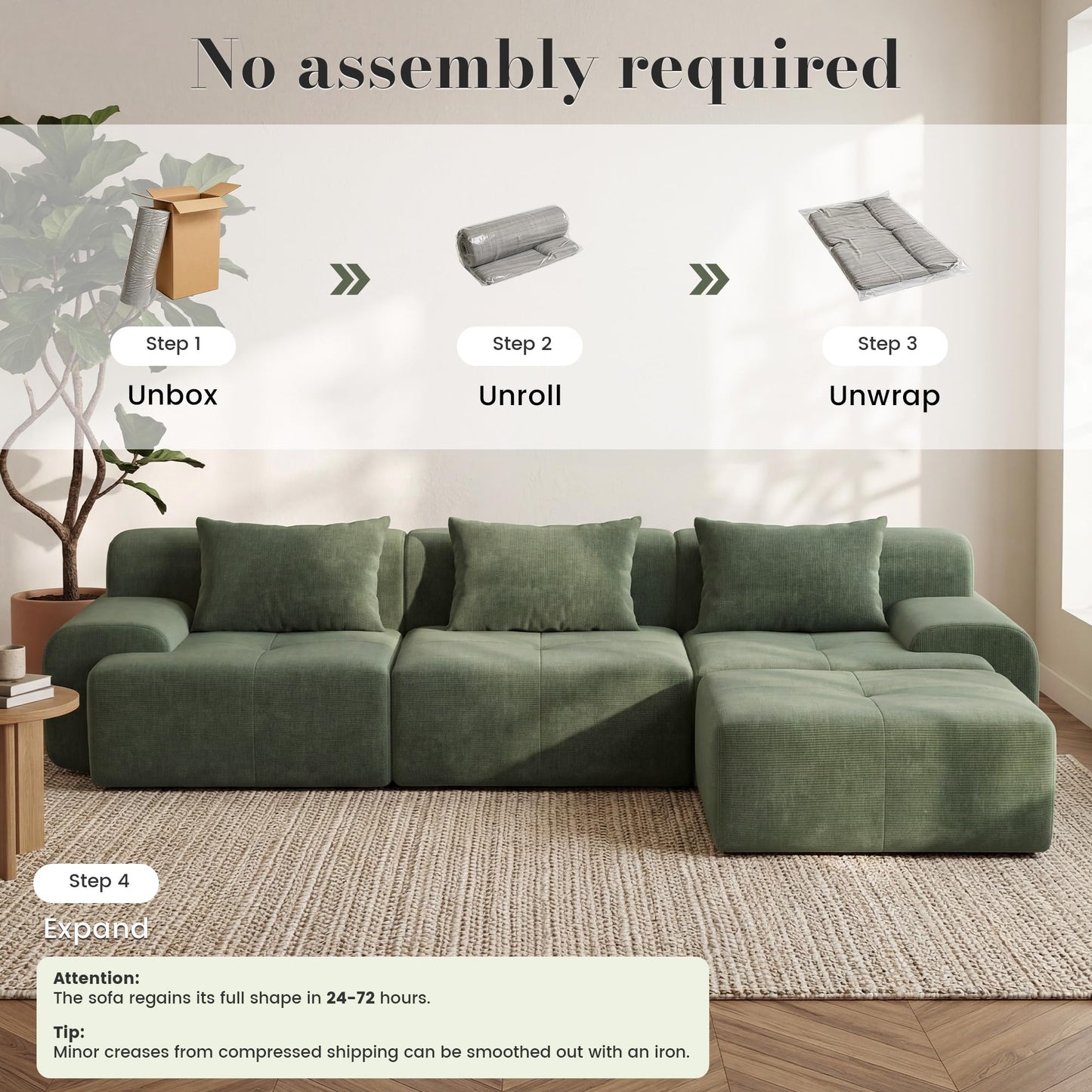 GRUSIGN 108'' Modular Sectional Boneless Sofa, Tufted Sectional Couches for Living Room,Oversized L Shape Deep Seat Sofa with Ottoman & 3 Throw Pillows,Corduroy Cloud Couch,Green