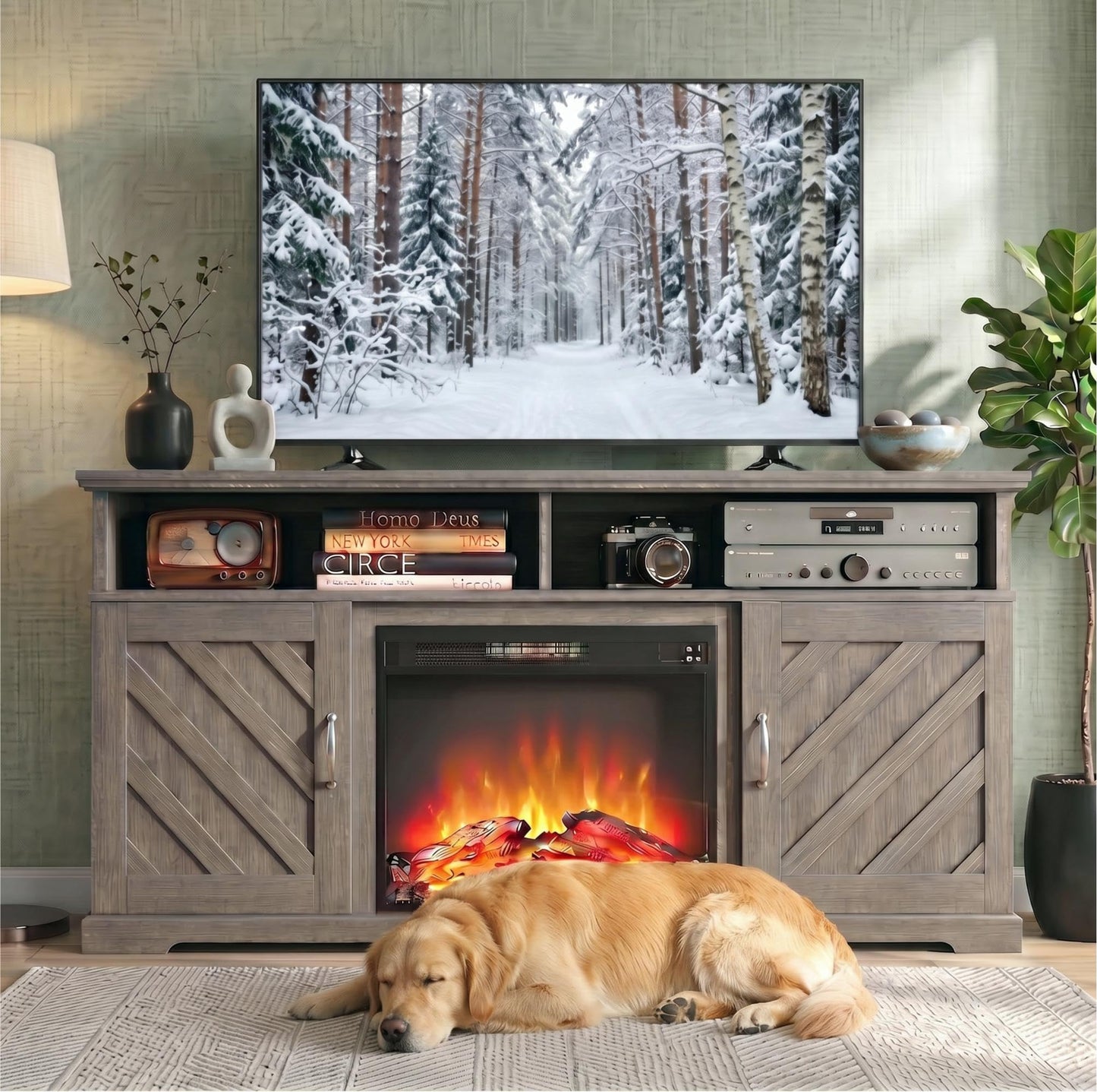 Marsail Fireplace TV Stand for 70 inch TV, Farmhouse Entertainment Center with Storage, Wood TV Console with Fireplace, TV Cabinets for Living Room and Bedroom, Grey