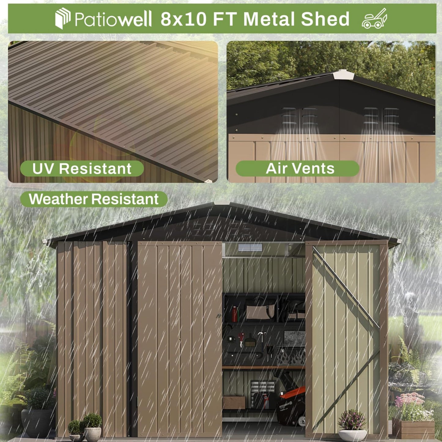 Patiowell 8x10 FT Outdoor Storage Shed, Large Garden Tool Metal Shed with Sloping Roof and Lockable Door, Outside Sheds for Backyard Patio Lawn, Brown