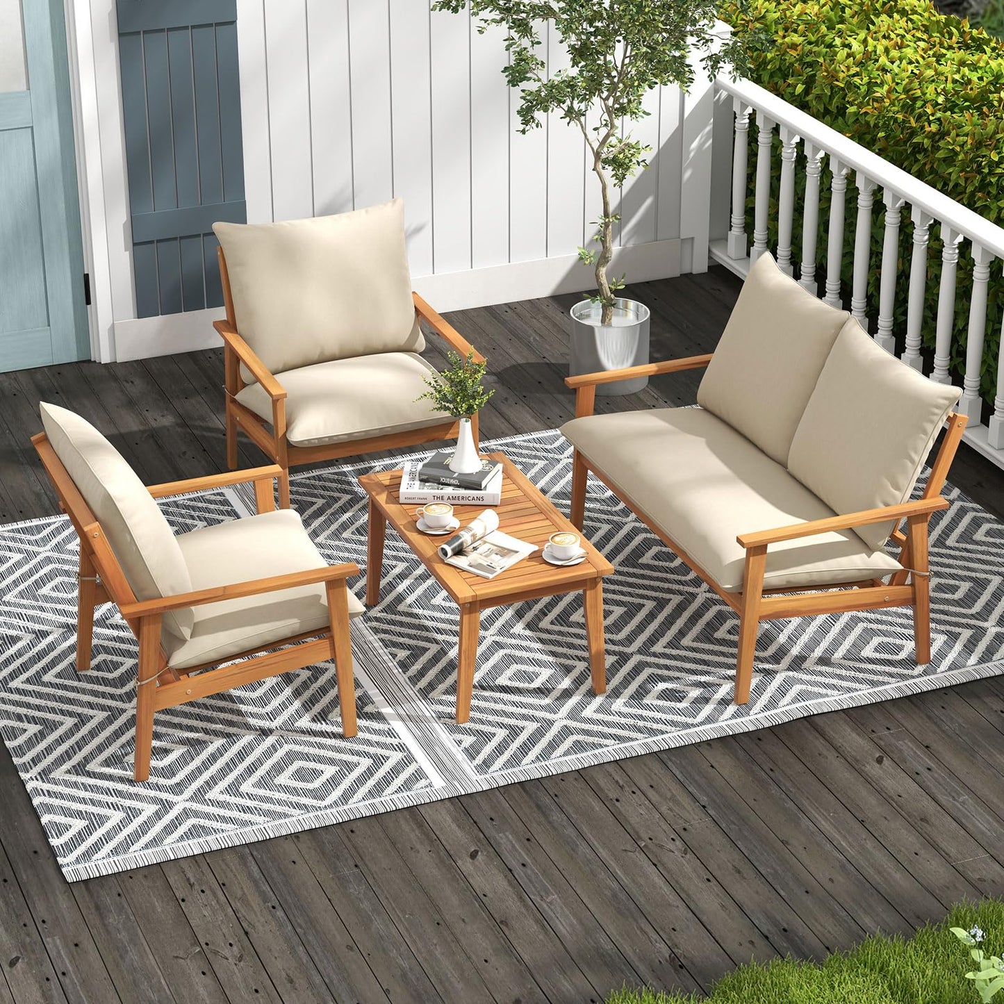 Tangkula 4 Pieces Patio Furniture Set, Outdoor Acacia Wood Conversation Set with Soft Cushions and Coffee Table, Outdoor Sectional Sofa Set for Lawn, Garden, Backyard and Poolside (1, Natural)