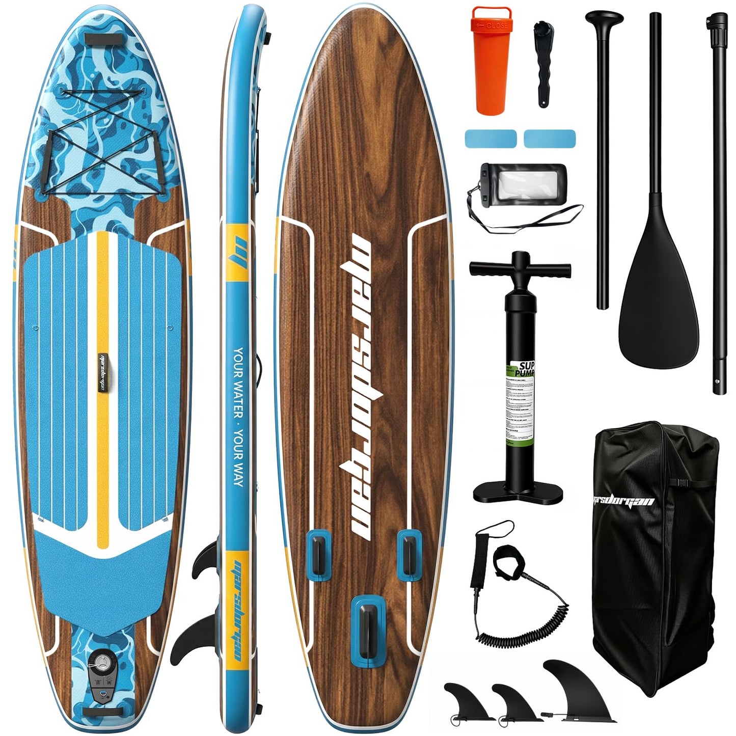 Marsdorgan 11ft Inflatable Stand Up Paddle Board, Wood Grain Ultra Lightweight SUP, 430lb Capacity for Adults Youth Family, for Fishing Camping, Complete Kit with Backpack & Pump, Walnut