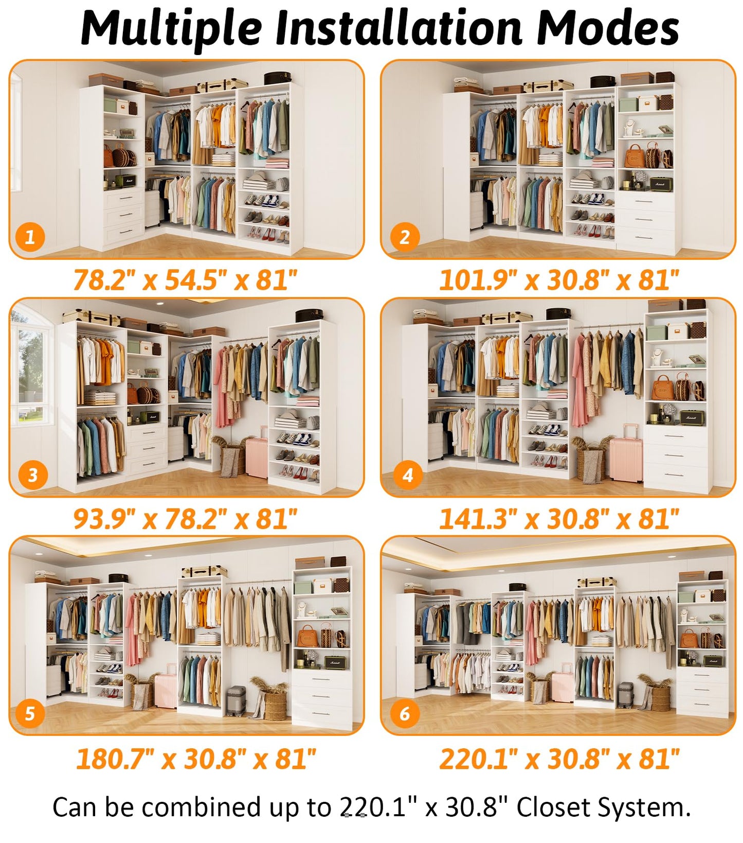 Sokiche Closet Organizer System of 4 Sets with 3 Drawers, 9 Hanging Rods & 8 Shelves, 157" Walk in Closet System, Corner Closet Organizer, Modular Standalone Closet, White