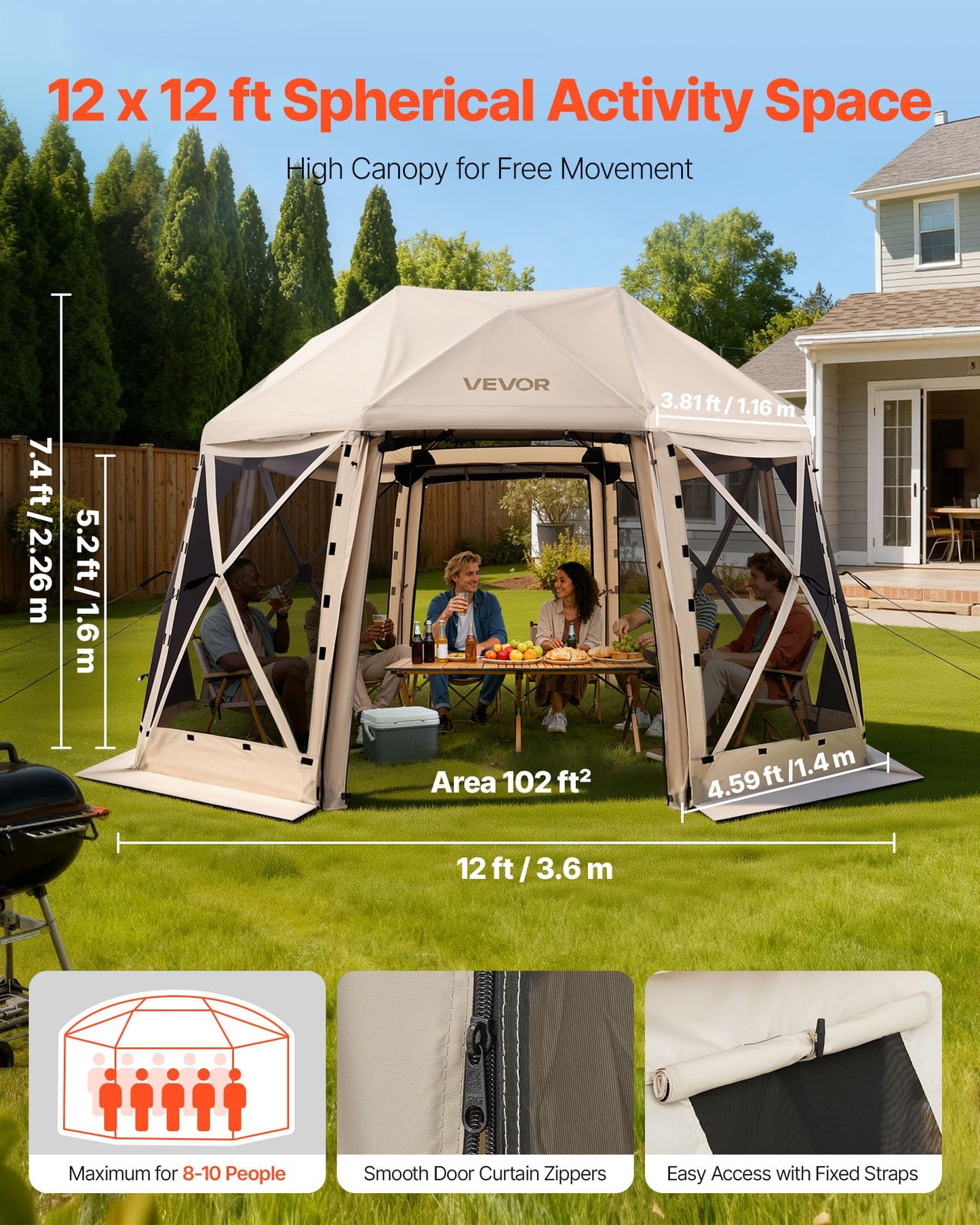 VEVOR Pop Up Gazebo Screen Tent, 12 x 12 ft Large High 13-Sided Camping Canopy Tent with Removable Top & Carry Bag, Quick Set & Bite-Proof Mesh Screen Sun Shelter for 8-10 Persons Backyard Patio
