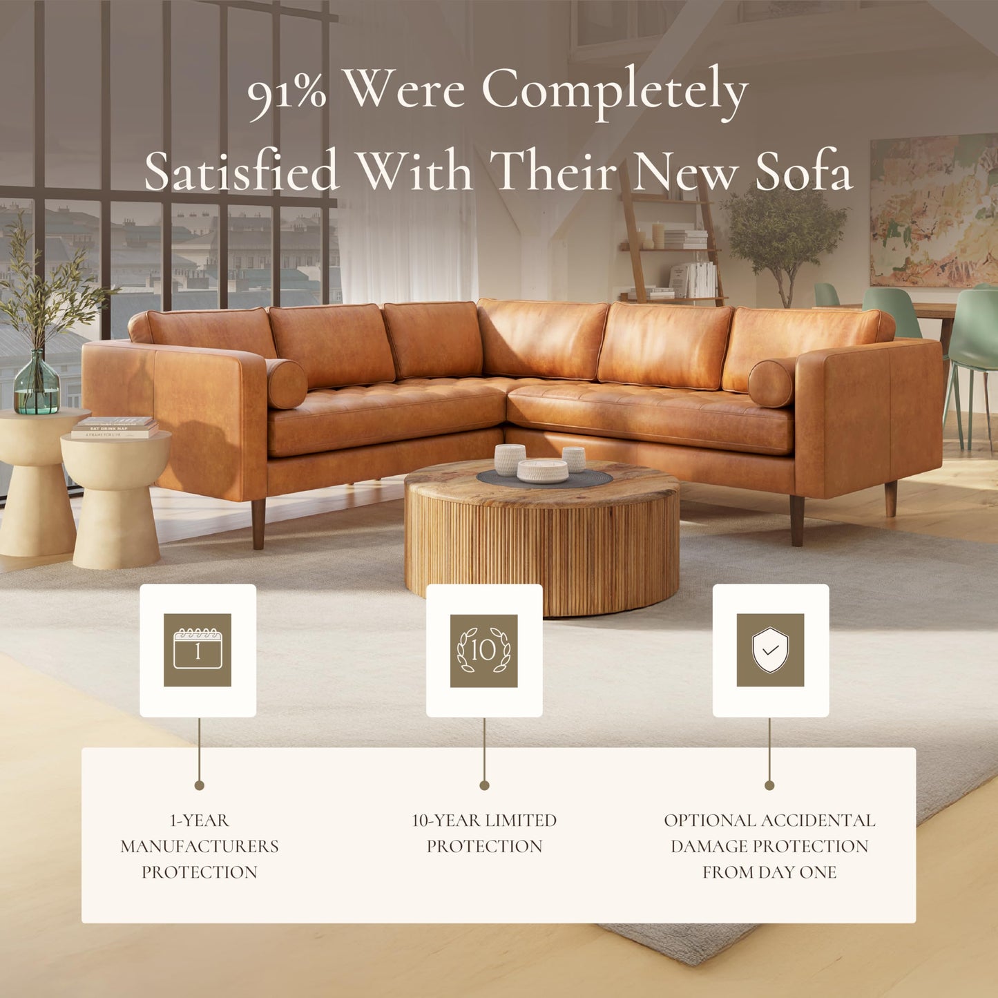 Poly & BARK Napa 98” Leather Corner Sectional Sofa – Full-Grain Italian-Tanned Aniline Leather, Feather-Down Comfort, Solid Wood Frame – Cognac Tan