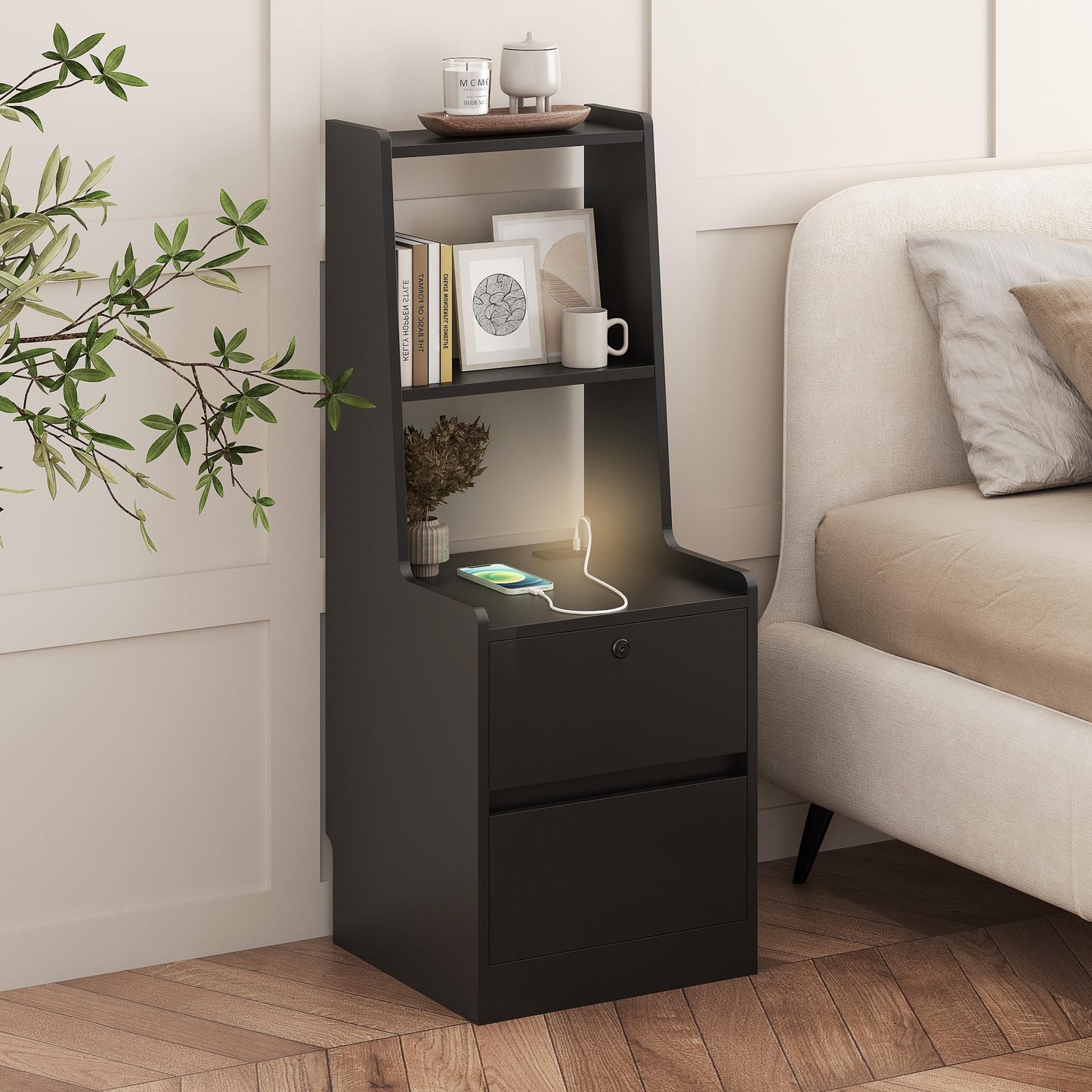 Black Nightstand with Charging Station & Night Light, Modern Black Bedside Table with Bookshelf & Storage Cabinet for Bedroom, 41InchTall Nightstand for Bedroom - W15.74 x D15.74 x H41.14