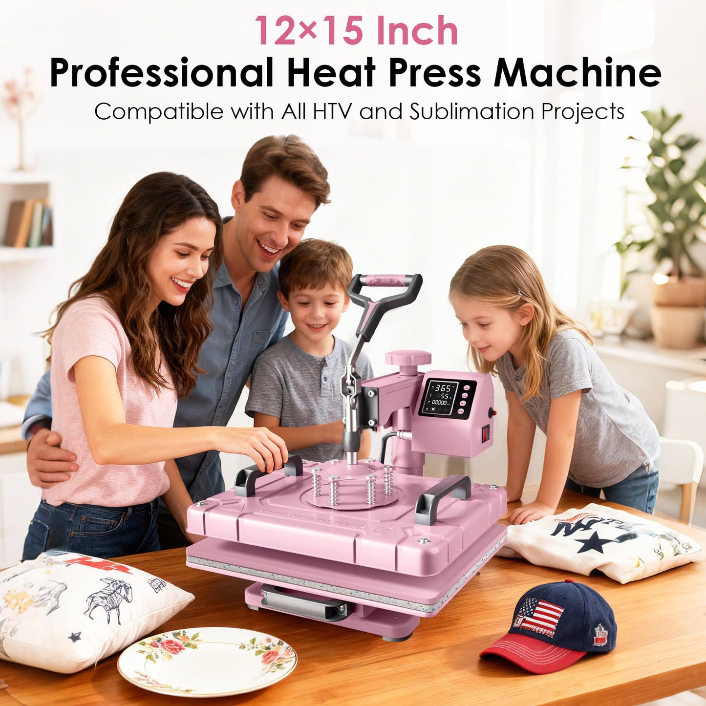 Seeutek 12x15 Inch 5 in 1 Heat Press Machine, 360° Swing Away Sublimation Press with 20oz & 30oz Tumbler Attachments for T-Shirts, Mugs, Hats & Plates, Pink