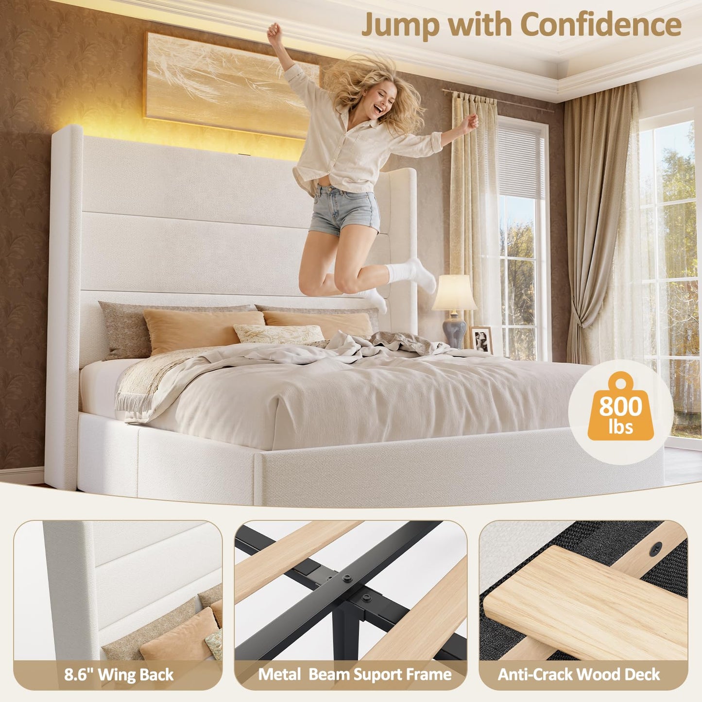 Glirun Queen Size Bed Frame, 55" Tall Headboard with Wingback, Chenille Fabric Upholstered Platform Bed, Large Storage Drawer, Charging Station, LED Lights, Noise-Free, No Box Spring Needed, White