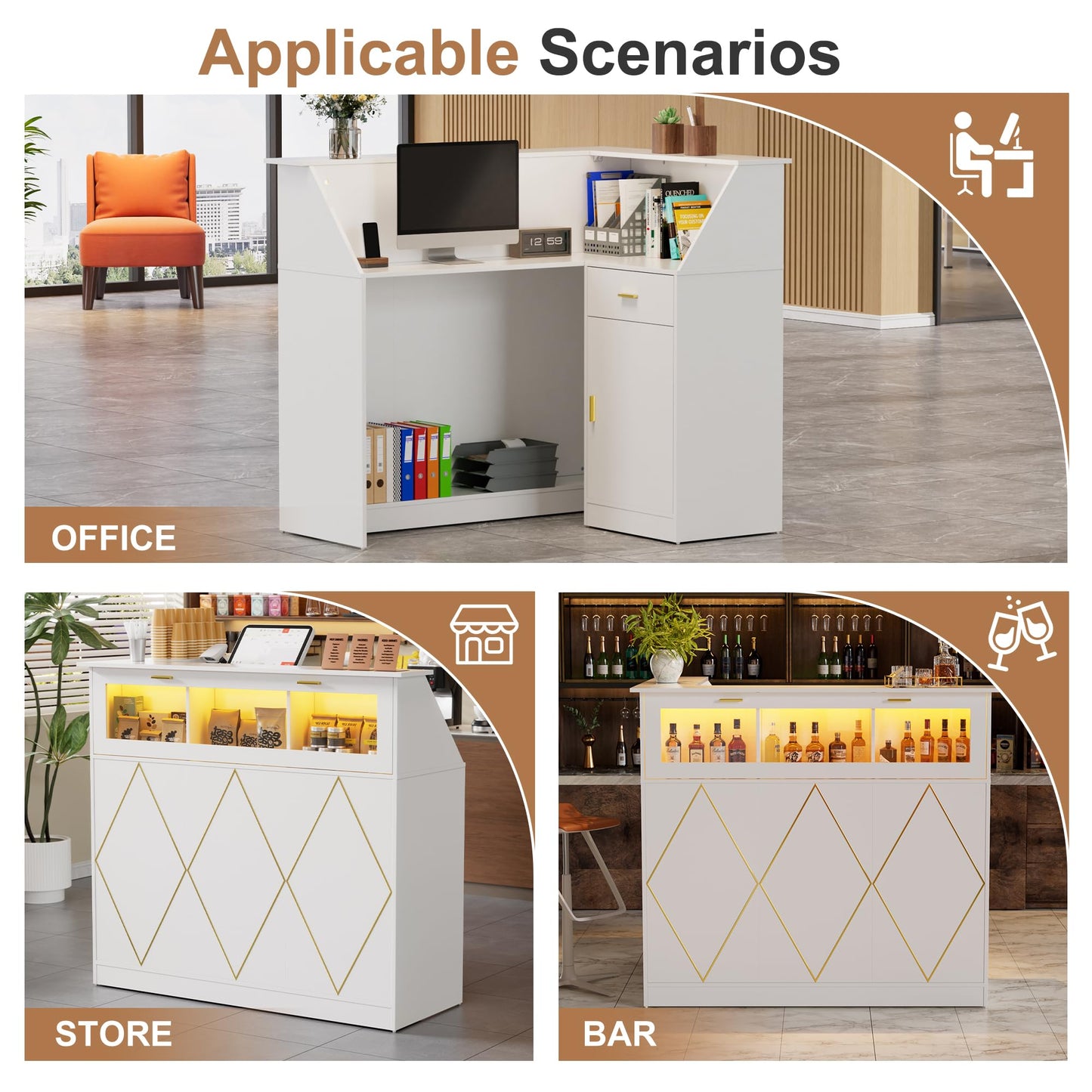 PAKASEPT Reception Desk with LED Lights, L-Shaped Modern Front Desk with Glass Display Shelf, Reception Counter Table for Lobbies, Salons, Retail, Home Offices (White)