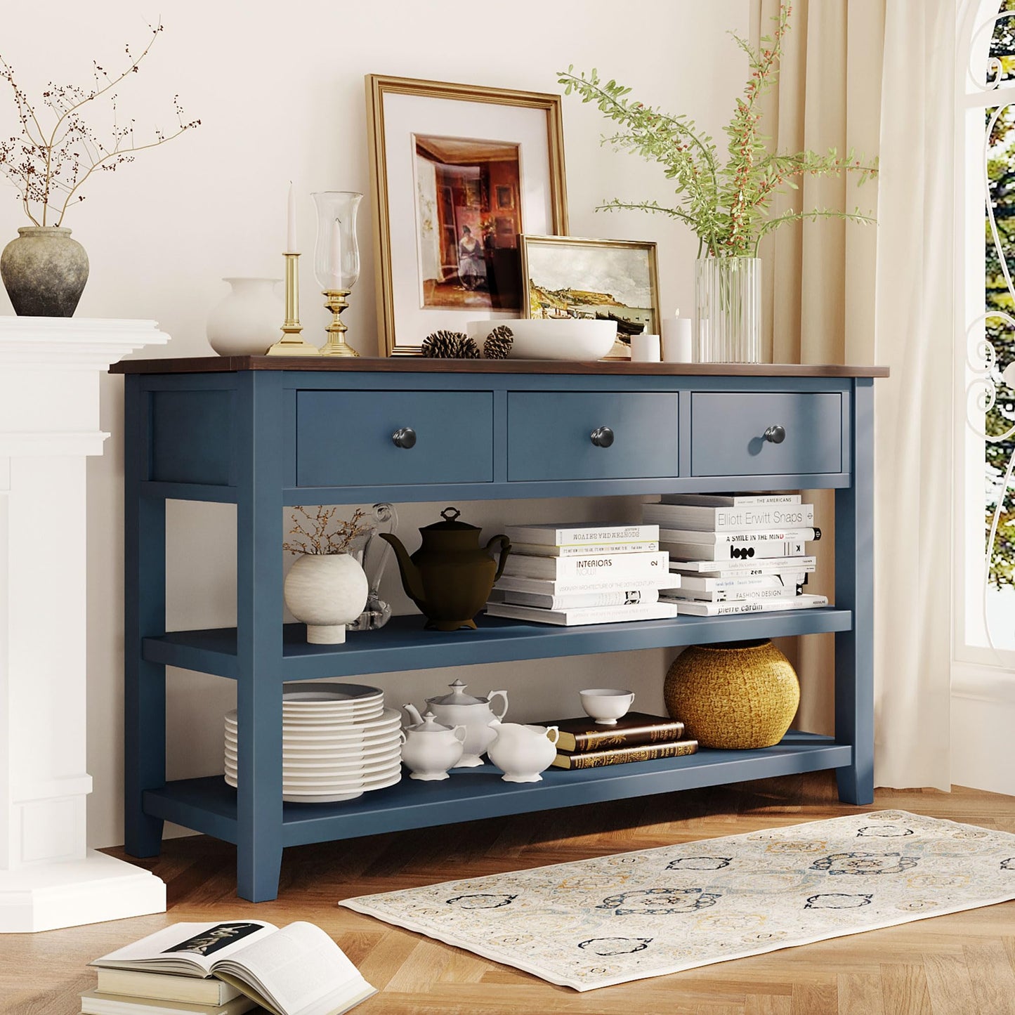 Merax Navy Retro Pine Wood Console Table with Drawers and Two Open Shelves for Entryway Hallway Living Room Bedroom, Type 11