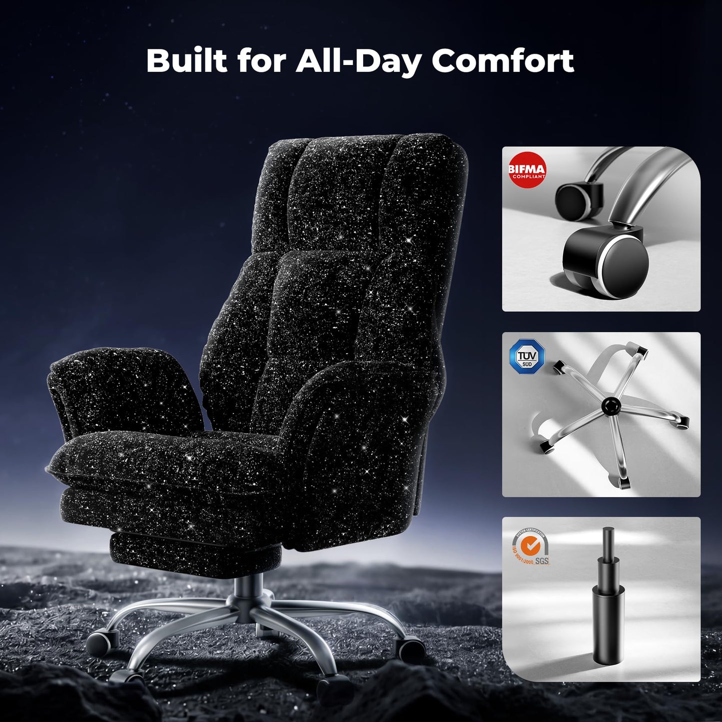 HOMRELEXA Big and Tall Office Chair, Flip Armrests for Pets & Cross Legged Sitting, Executive Ergonomic Computer Gaming Chair with Foot Rest, Gliter Fabric Wide Seat Reclining Desk Chair