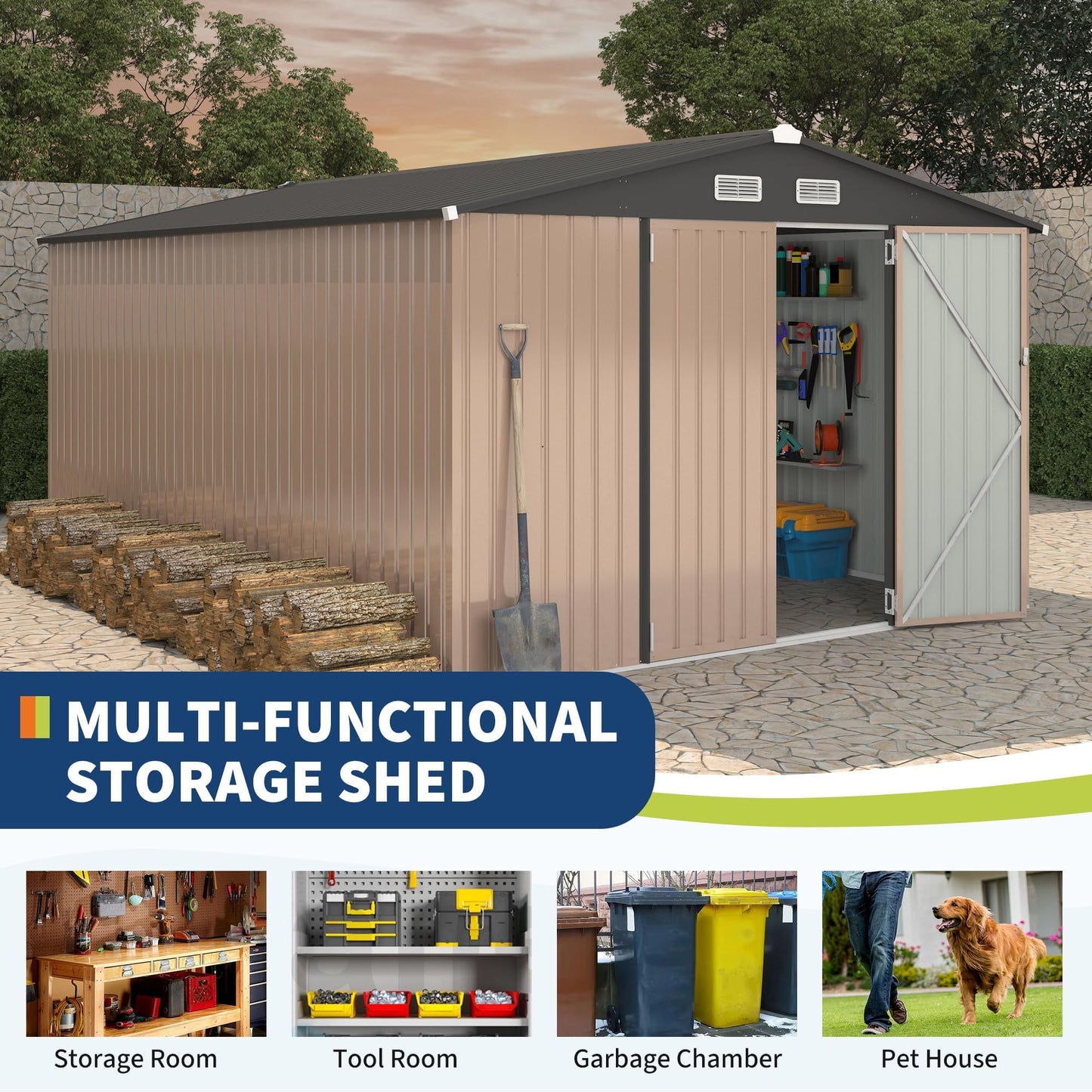 10x14 FT Metal Storage Sheds Outdoor, Metal ToolShed with Lockable Door, Metals Yard Sheds Metals Garden Shed Kit, MetalUtility Sheds Buildings with Air Vent for Backyard Garden Patio Lawn