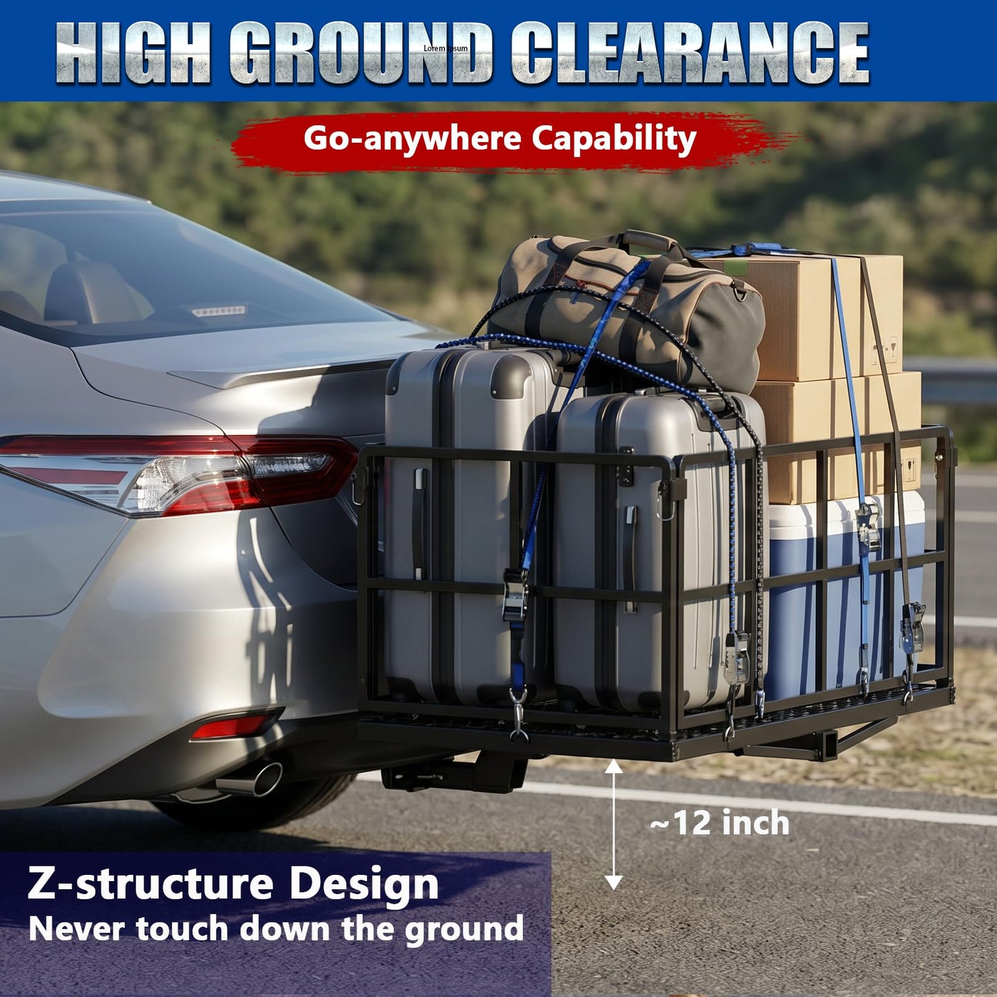 Foldable Hitch Mount Cargo Carrier Basket 61" x 25" x 16" for 2 Inch Hitches Receiver, 500 Lbs Capacity, Easy Folding, Multiple-Tightener Anti Rattle Design, High Ground Clearance, Trailer Pin Lock