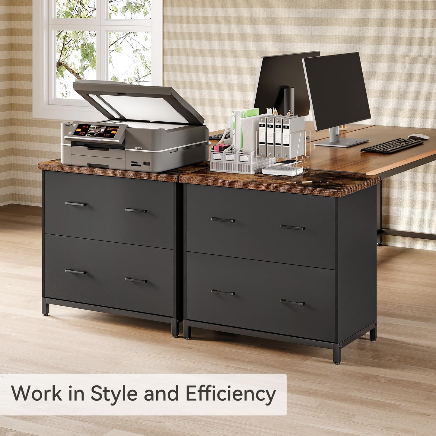 File Cabinet with Drawers, 30.7-Inch Lateral Cabinet under Desk for A4 and Letter Size Documents, Printer Stand, Filling Cabinet Under Desk Storage Organizer for Home Office, Brown & Black