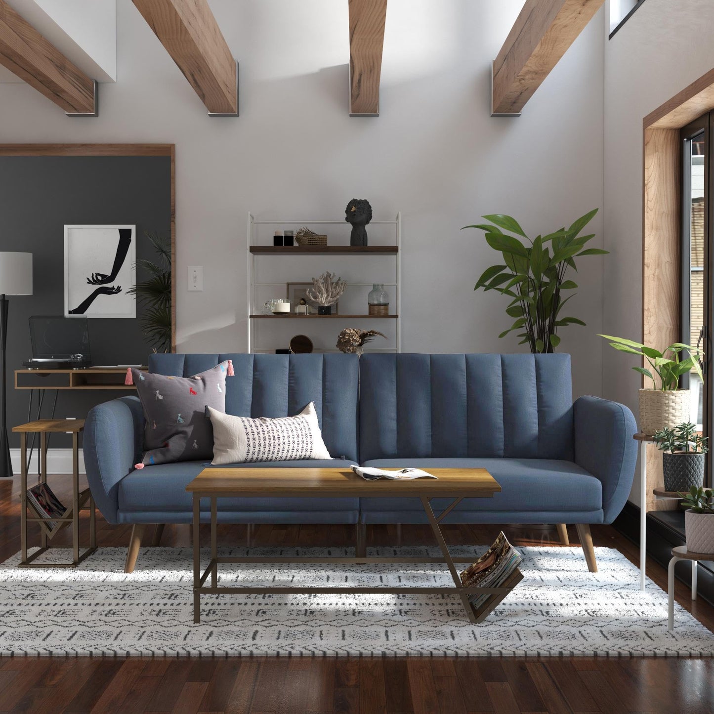 Novogratz Brittany Sofa Futon, Premium Linen Upholstery and Wooden Legs, Blue Linen