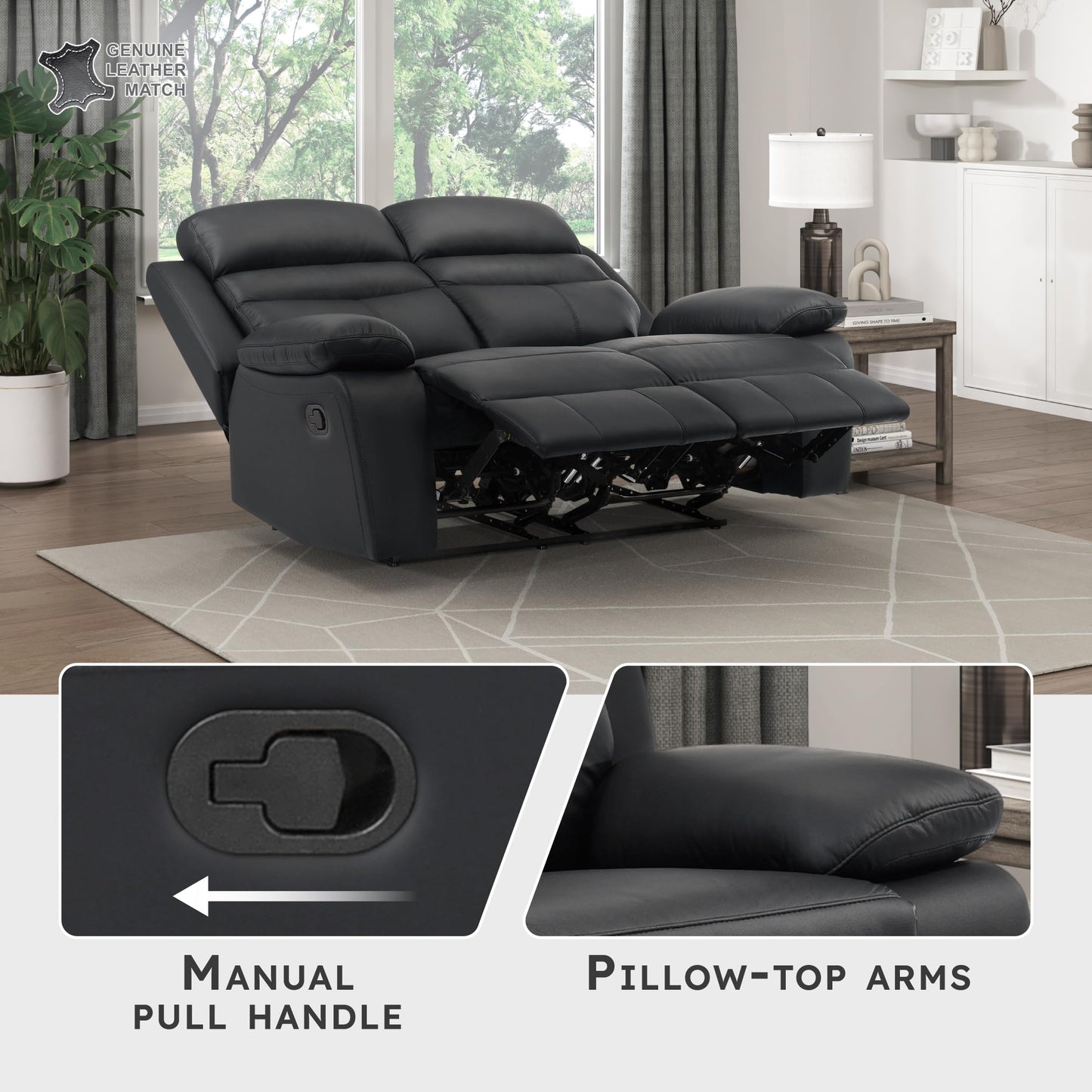 Lexicon 64" W Manual Reclining Loveseat, Top Grain Leather Match Reclining Love Seat, Home Theater Seating, Wall Hugger Recliner Couch, Manual Double Recliner RV Couch for Living Room, Black
