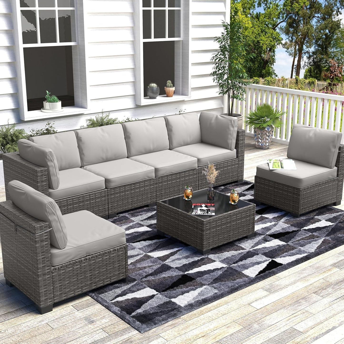 7 Piece Patio Furniture Set, All-Weather PE Wicker Sectional Sofa with Tempered Glass Coffee Table - Outdoor Conversation Set for Poolside, Garden, Porch in Grey + Light Grey