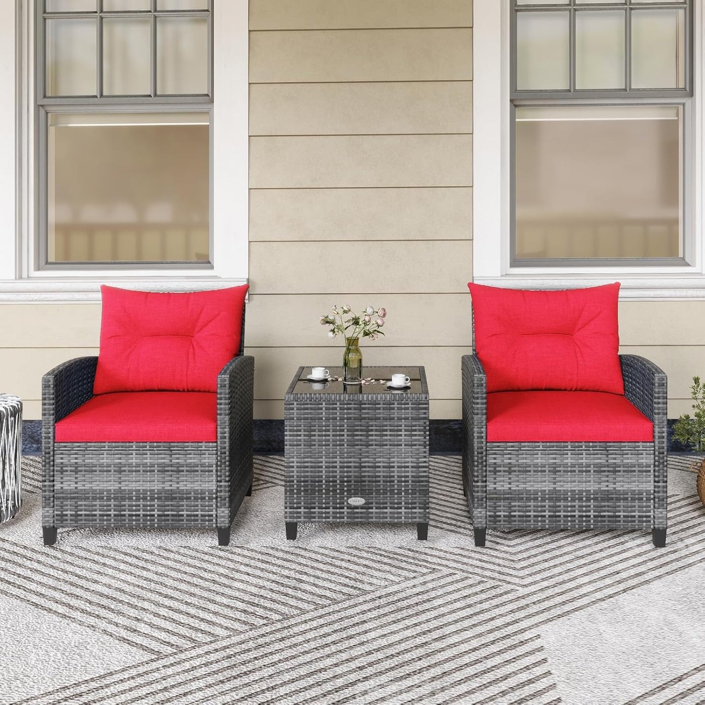 LDAILY Patio Furniture Set, 3 Pieces PE Rattan Wicker Patio Sofa Chairs with Washable Cushion & Glass Table, Outdoor Furniture Conversation Sets for Porch, Balcony, Garden, Poolside (Red)