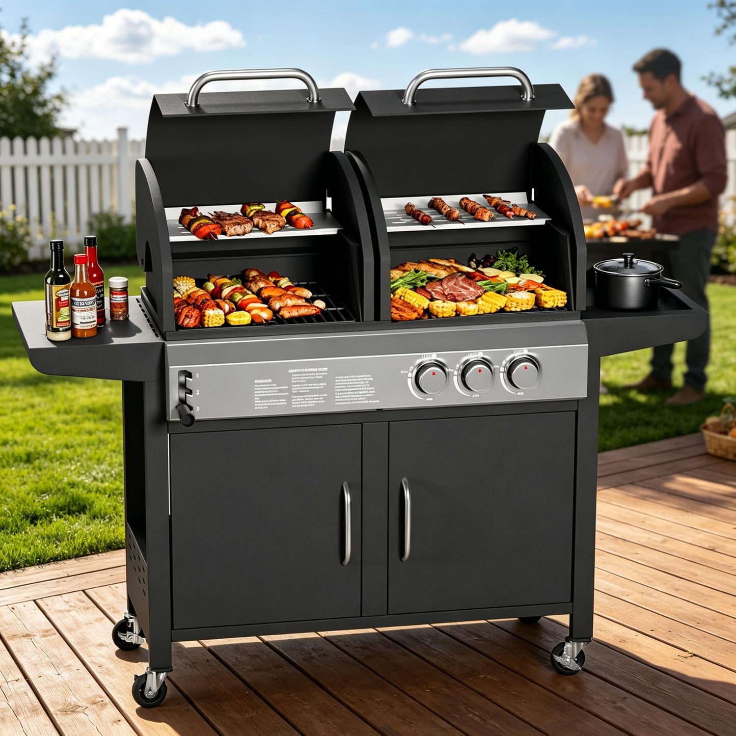 Charcoal and Propane Gas Grill Combo with Side Burner & Porcelain-Enameled Cast Iron Grate, 24,000 BTU Dual Fuel BBQ Grill for Backyard, Outdoor, Patio, Camping, 690 SQIN Cooking Area