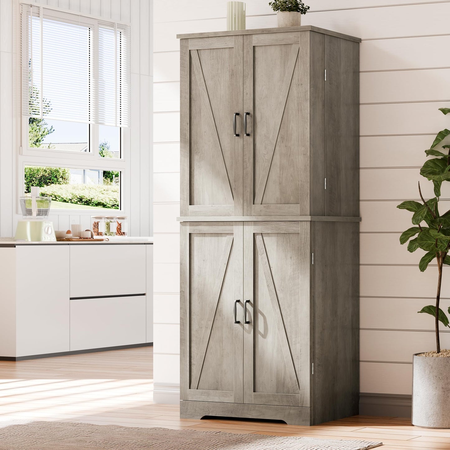 Vongrasig Kitchen Pantry Storage Cabinet with Barn Doors, Drawer and Adjustable Shelves, 6-Tier Tall Rustic Wood Cupboard Locker for Kitchen, Dining Room, Living Room, Bathroom, Rustic Grey
