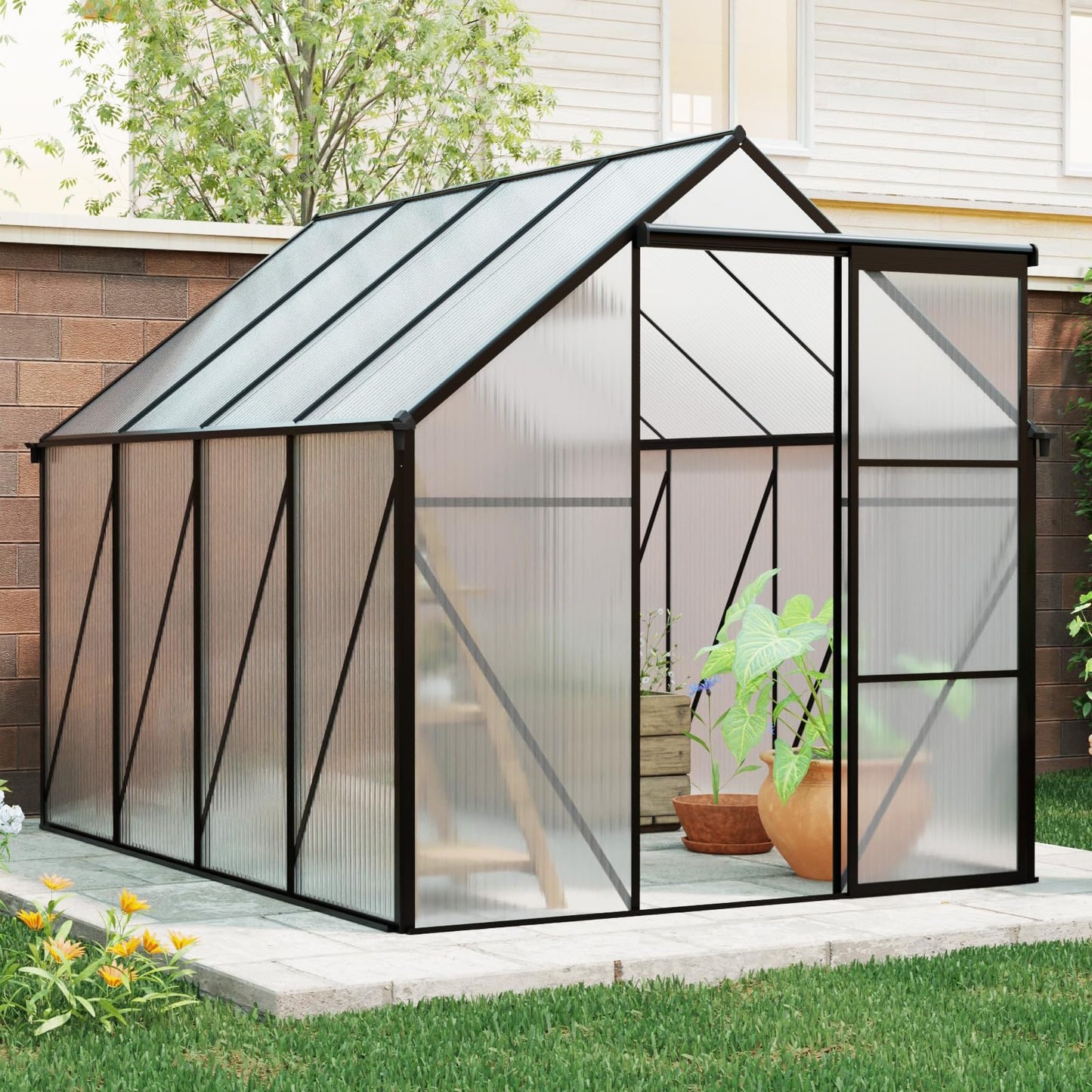 KEIKI 6x8 FT Polycarbonate Greenhouse with Aluminum Frame,Raised Base and Roof Vent,Walk-in Greenhouses for Patio Garden