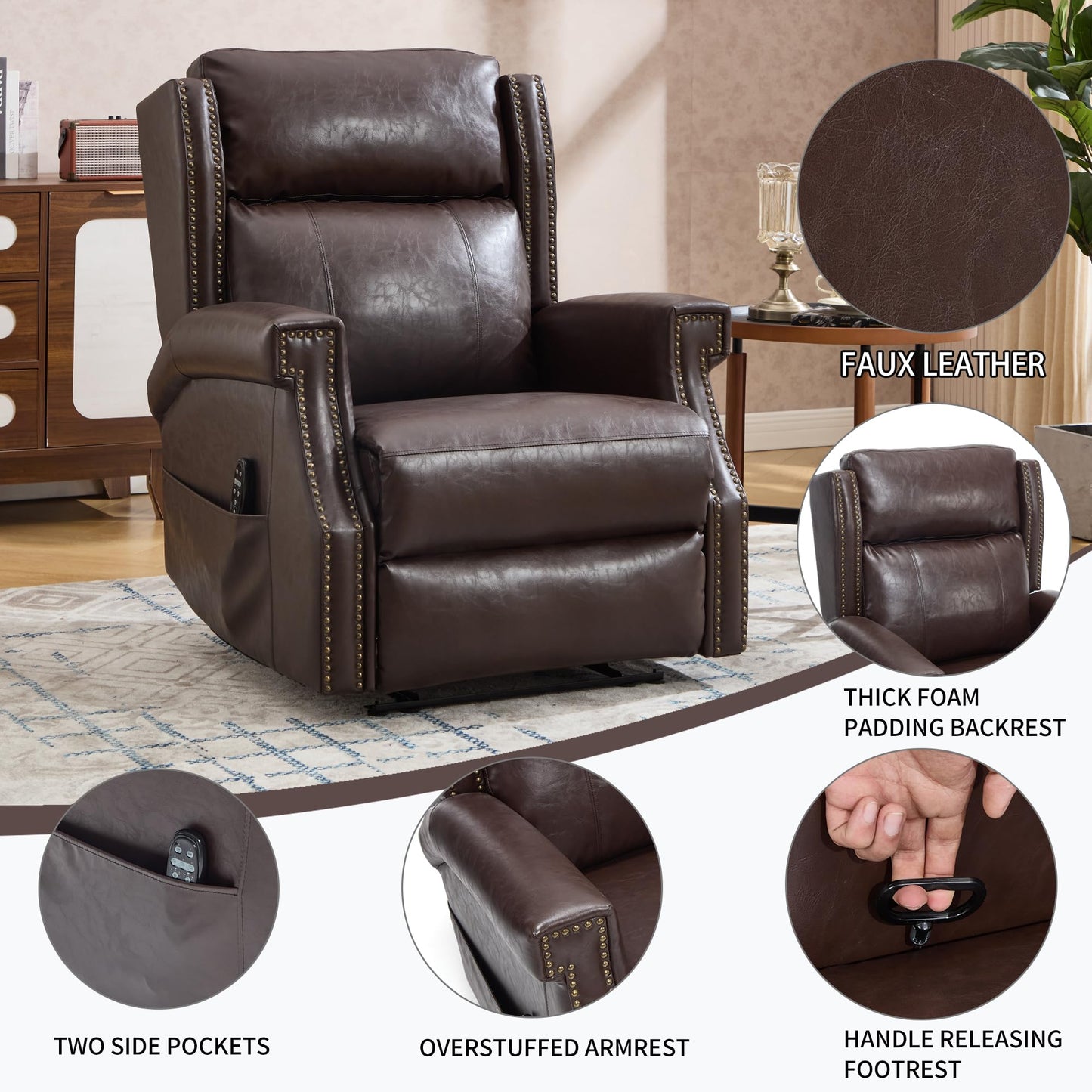 KEIKI Mid Century Modern Oversized Recliner Accent Chair for Adults, Manual Leather Recliner Chair with Back Massager and Heating for Living Room, Rocking Chaise Lounge Chair Indoor, Antique Brown