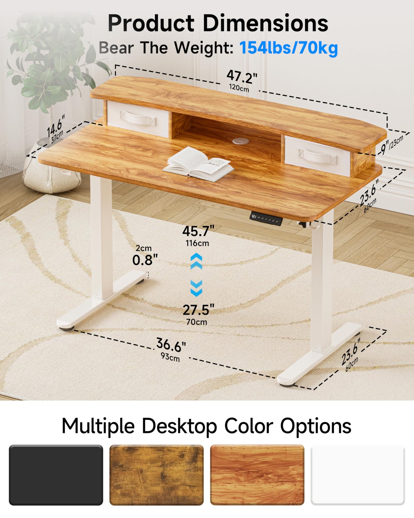 BIZUM Standing Desk with 2 Drawers Computer Desk-Stand up Desk Home Office Gaming Memory Desks C-Clamp Mount Compatible, 48x24 Inch Light Rustic Brown