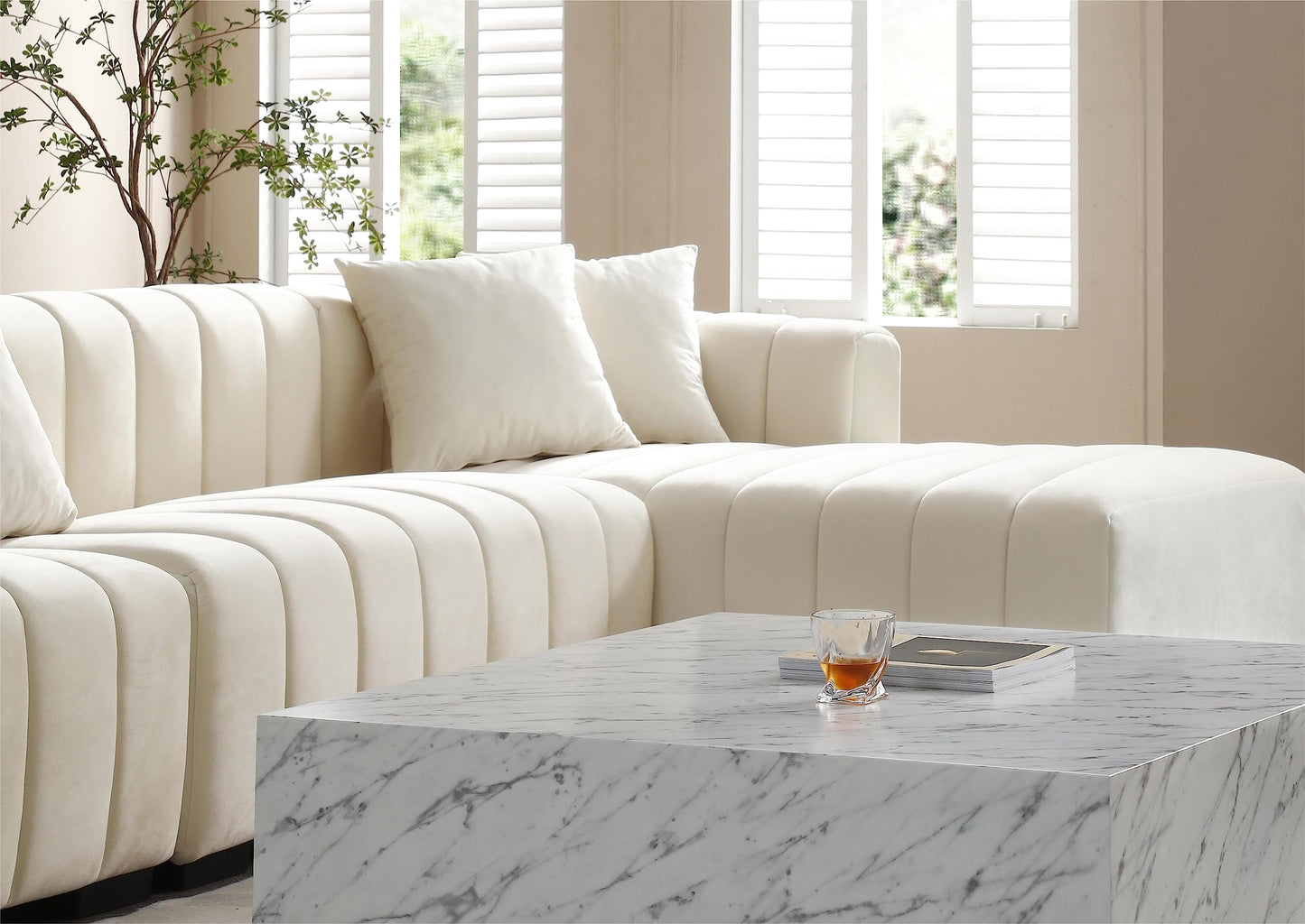 KEIKI 139" L-Shape Velvet Modular Sectional Sofa with Right Chaise Lounge, Modern Style Upholstered Oversized Reversible 3-Seater Channel Tufted Couch, Easy Assembly, for Apartment, Living Room, Beige