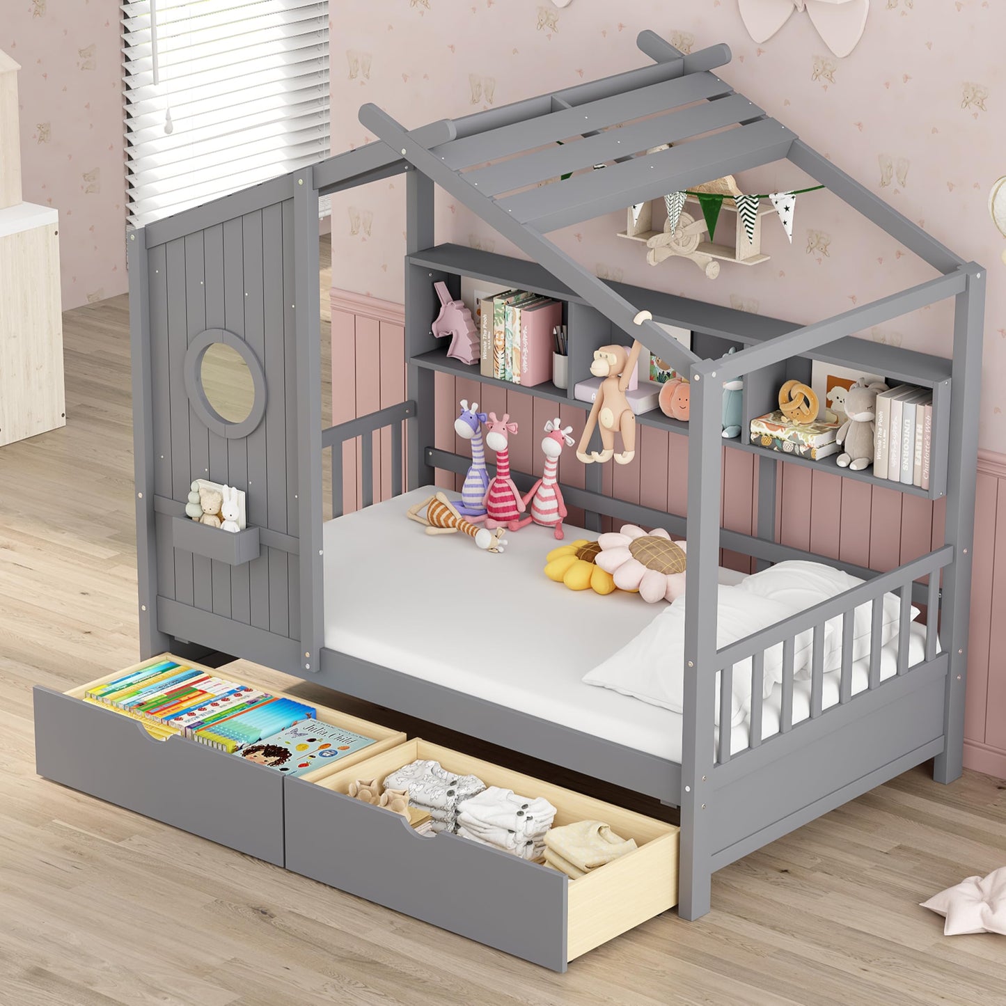 Twin Size House Bed with Storage Drawers,Kids House Bed Frame with Shelves,Cute Wood House Bed Twin with Roof for Kids,Girls,Boys,Gray