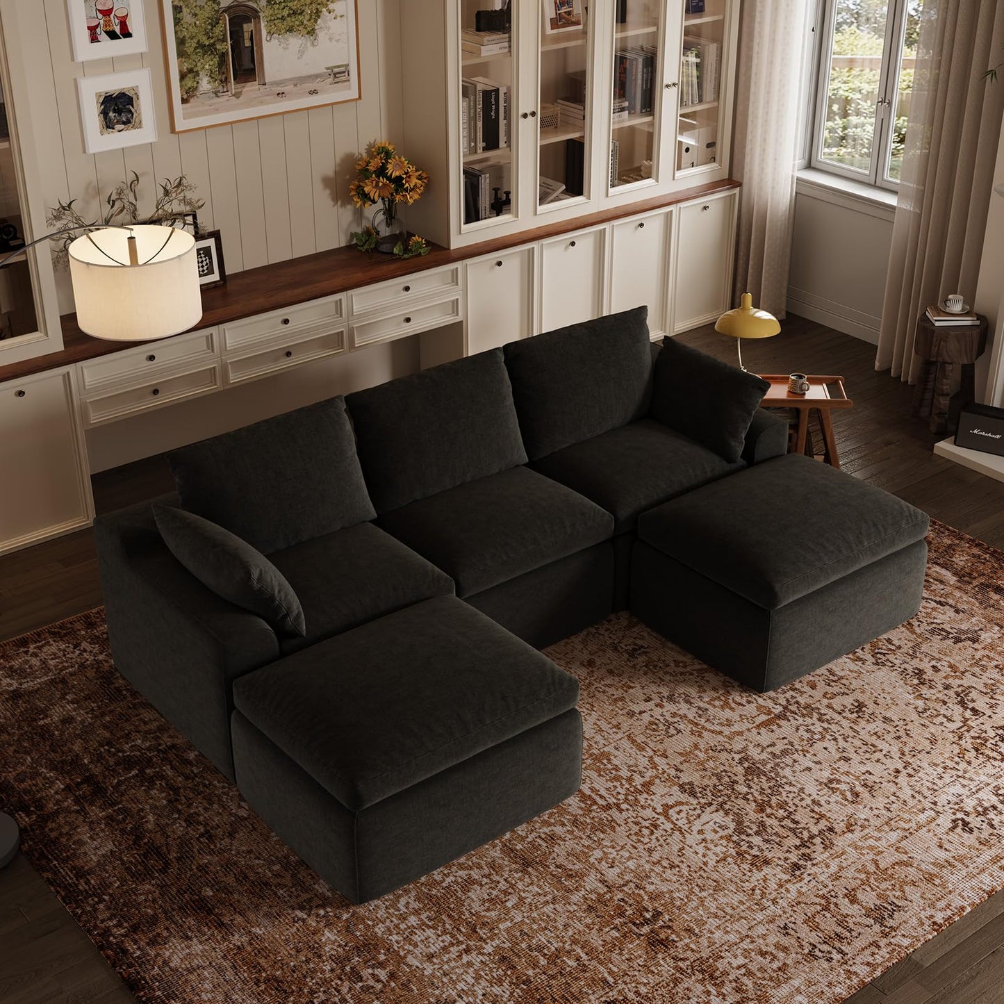Novilla 104.3" Modular Cloud Couch, Modern Sectional Sofa with Smarts Coil® Support, Chenille Fabric, Upholstered Couch for Living Room Apartments Bedroom, No Assembly, 3 Seater + 2 Ottoman, Dark Grey