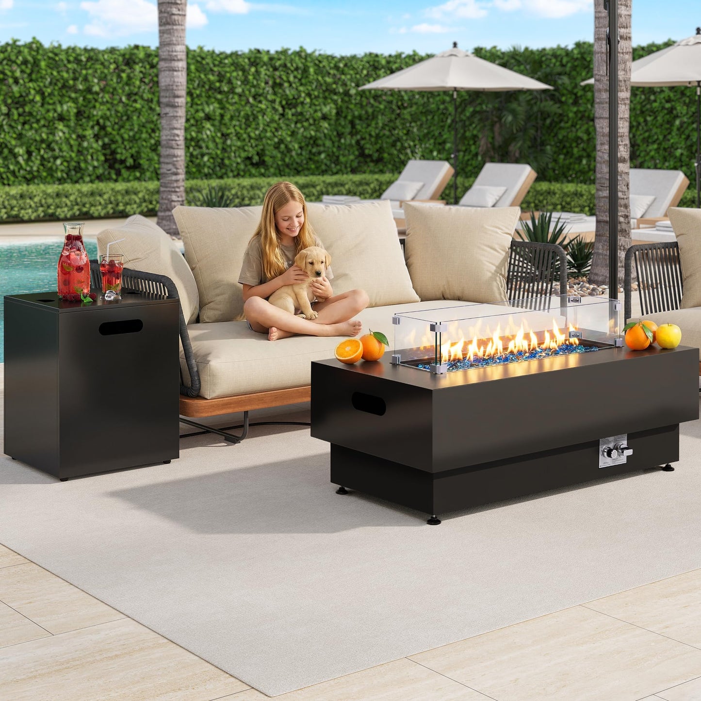 IRONCK 43-inch Outdoor Propane Fire Pit Table w Tank Table, CSA Certified, 2 in 1 Rectangular Patio Fire Pit w Glass Rocks, Wind Guard and Cover, 50000 BTU Outdoor Heater for Pool, Garden, Black