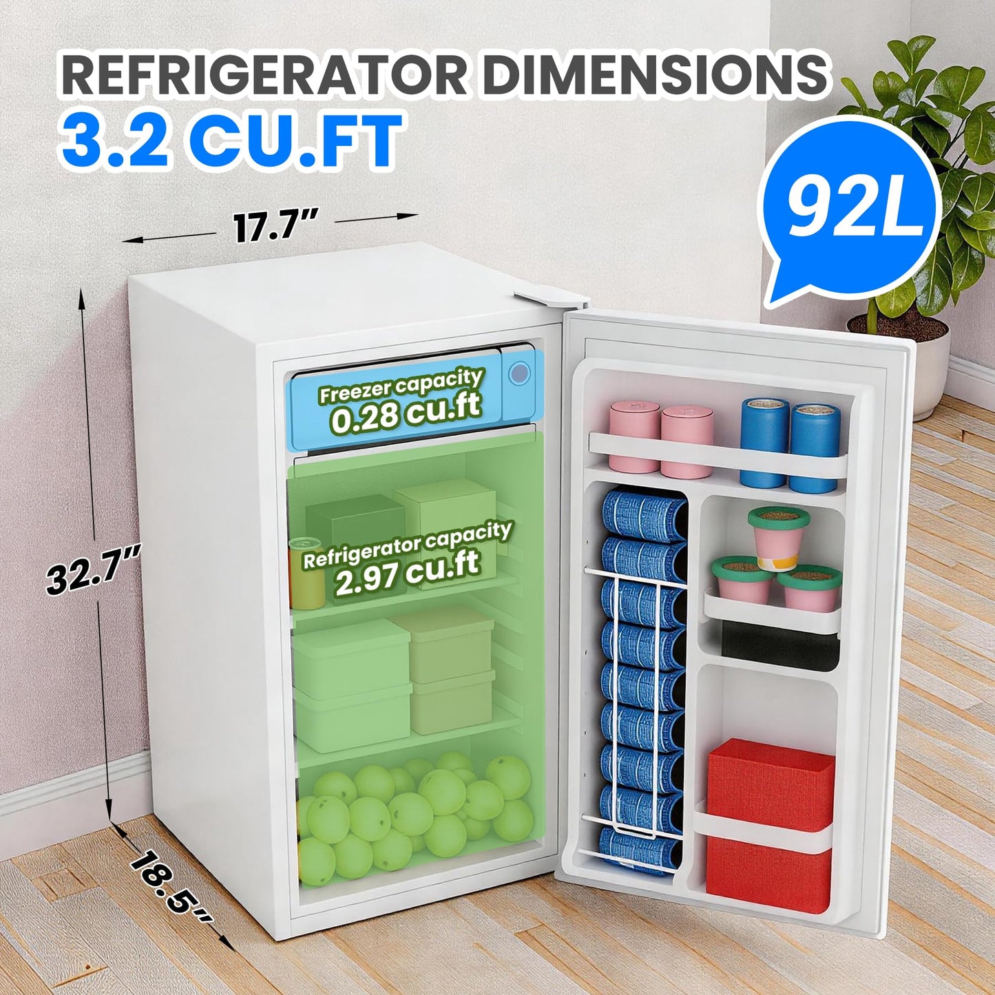 Garvee Compact Mini Fridge with Freezer, 4.5 Cu.Ft - Dual Zone Temperature Control, Single Door, 7 Adjustable Settings, Removable Shelves, Quiet & Energy Efficient - Ideal for Bedroom, Office, Dorm