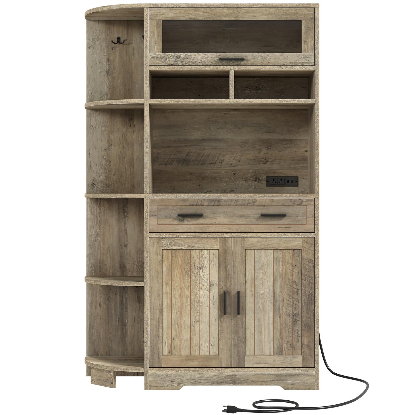 DWVO Farmhouse Kitchen Pantry Cabinet, 67" Bakers Rack w/Storage Cabinet, Coffee Bar w/Charging Station, Buffet Sideboard, Microwave Stand, Hutch Cupboard for Dining Room Kitchen Living Room(Ash Gray)