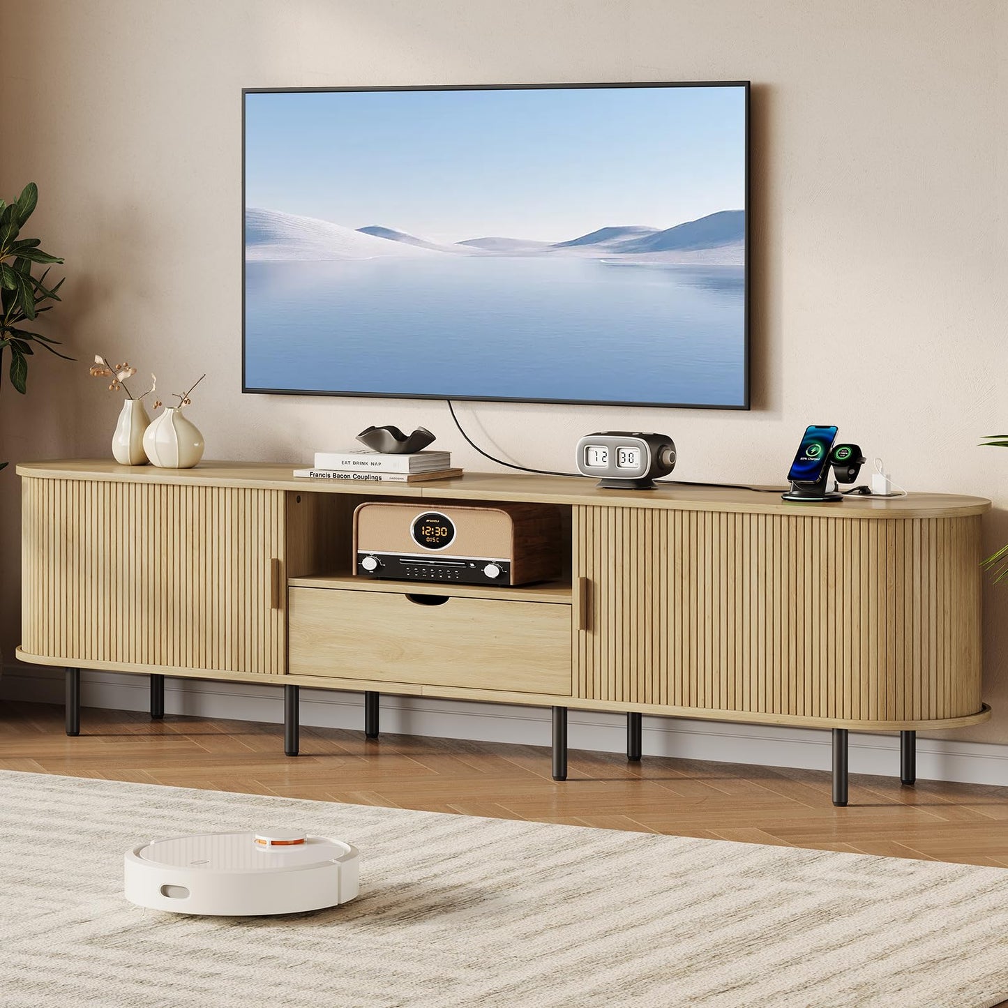 86.6" TV Stand with Power Outlet for TVs up to 85 Inch, Oak Media Console