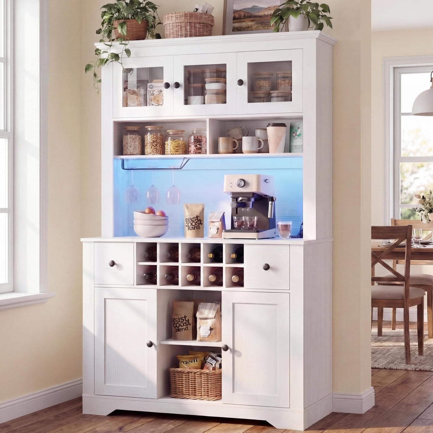 GAOMON 69" Pantry Cabinet with LED Light & Charging Station, Kitchen Pantry Storage Cabinet with Drawer & Adjustable Shelves, Coffee Bar Table for Kitchen Room, Living Room, Dining Room, White