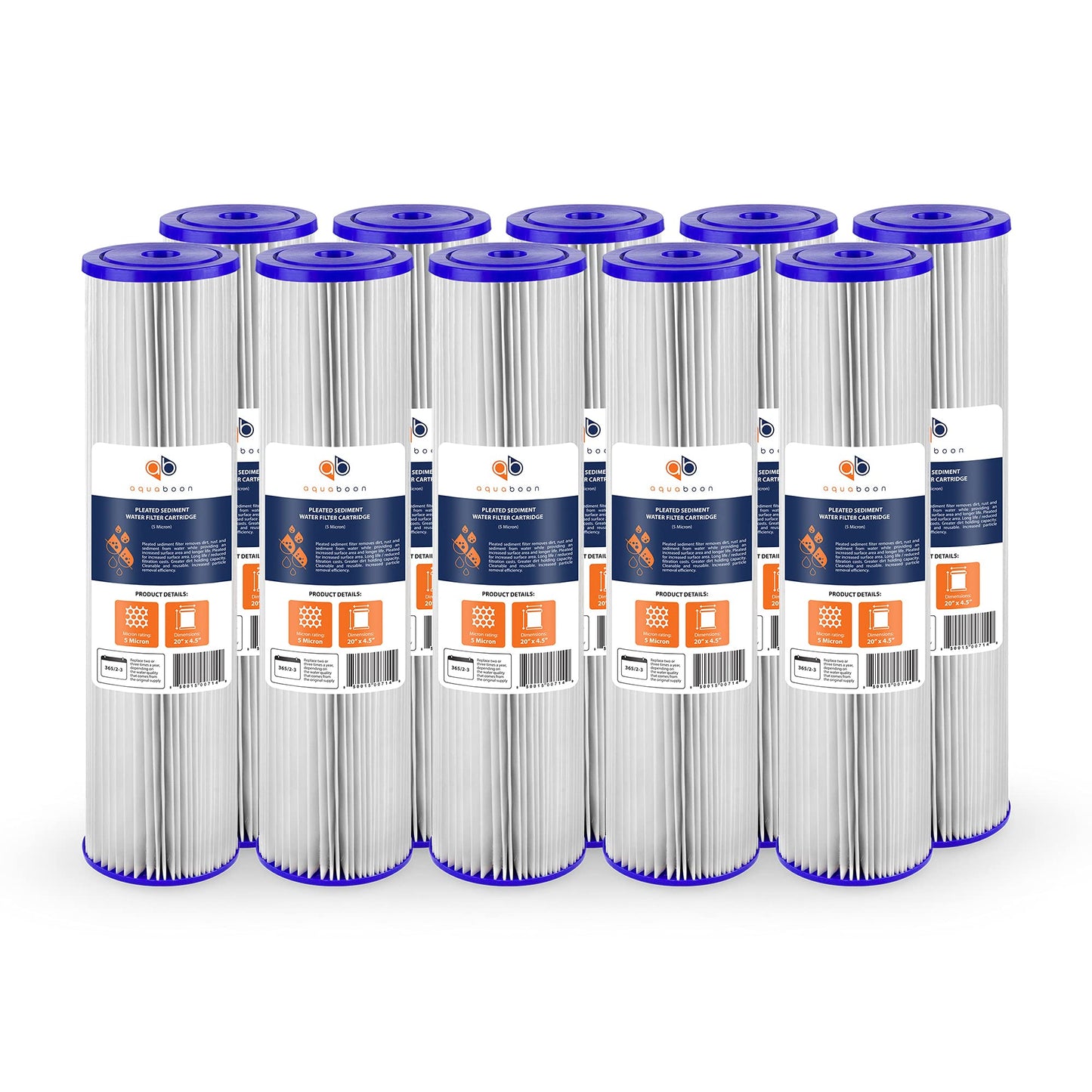 Aquaboon 5 Micron 20 x 4.5 Whole House Pleated Water Sediment Filter Replacement Water Filter Cartridge Compatible with ECP5-20BB, SPC-45-2005, 10-Pack
