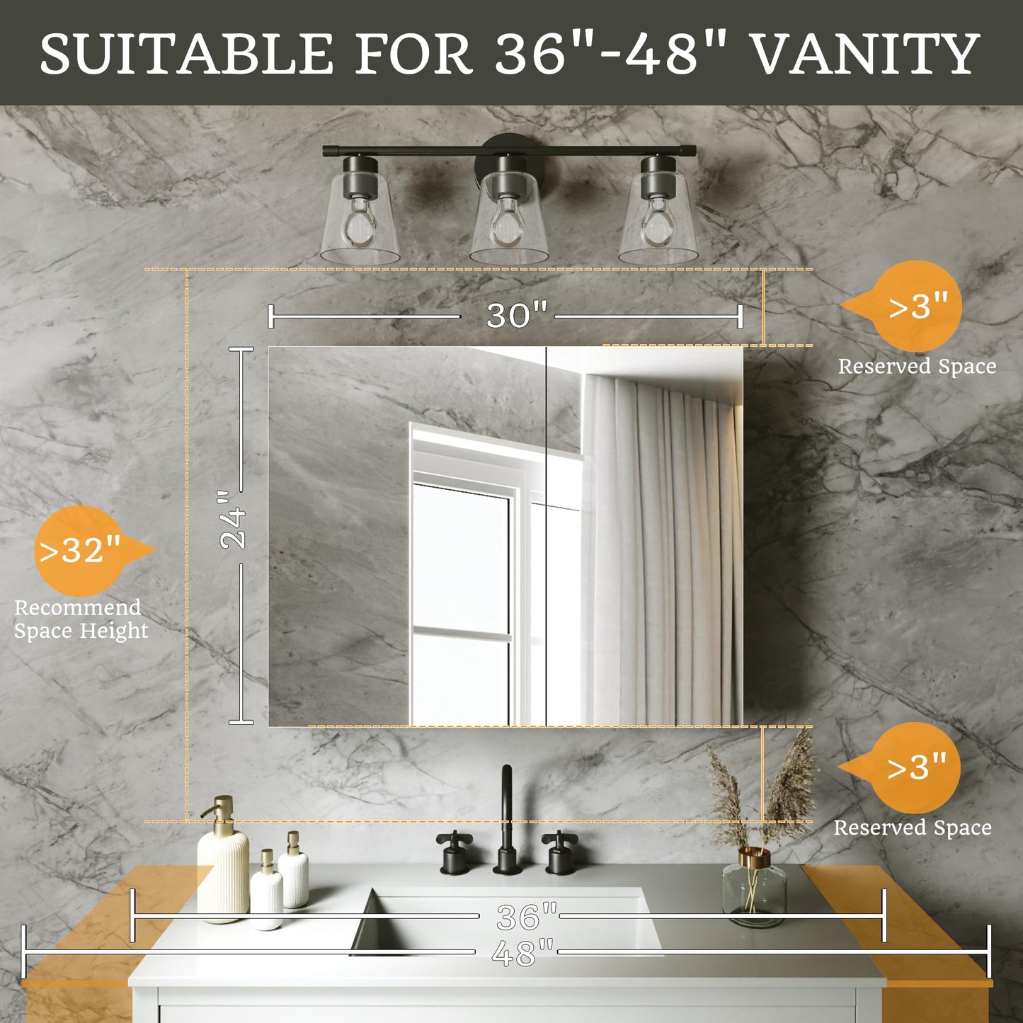 ComfyStyle 30x24 Bathroom Medicine Cabinet with Mirror,Aluminum Alloy Frame with Mirror Side Panels,Surface or Recessed Medicine Cabinet with Adjustable Shelves,Assembly Required