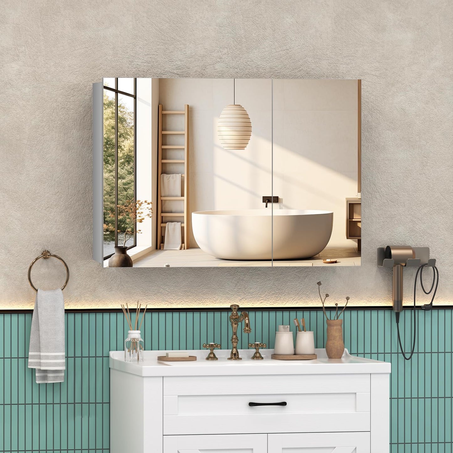 Umeiga 36x24 Medicine Cabinet Mirror with Storage, Pre-Assembled Medicine Cabinets for Bathroom, Recessed or Surface Mount Large Silver Mirrored Medicine Cabinets (Horizontal)