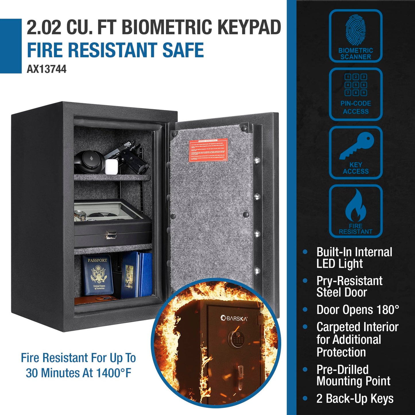 Barska 2.02 Cu Ft Fireproof Biometric Safe with Fingerprint & Keypad Lock – Digital Security Safe with LED Light, Alarm, Dual Access, 30 Min Fire Protection, for Home or Office