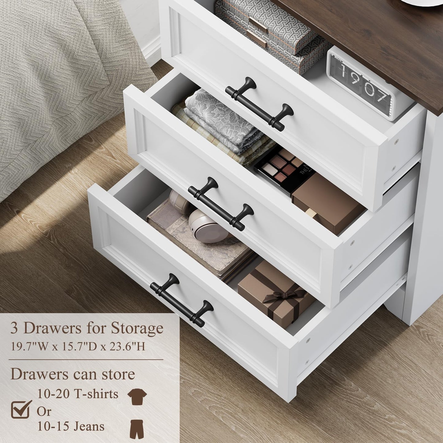 Nightstand Set of 2, Farmhouse Night Stand with Charging Station, White Wood Bedside Table & End Table with 3 Drawers, Side Table Storage Cabinet with Metal Handles for Bedroom, Living Room