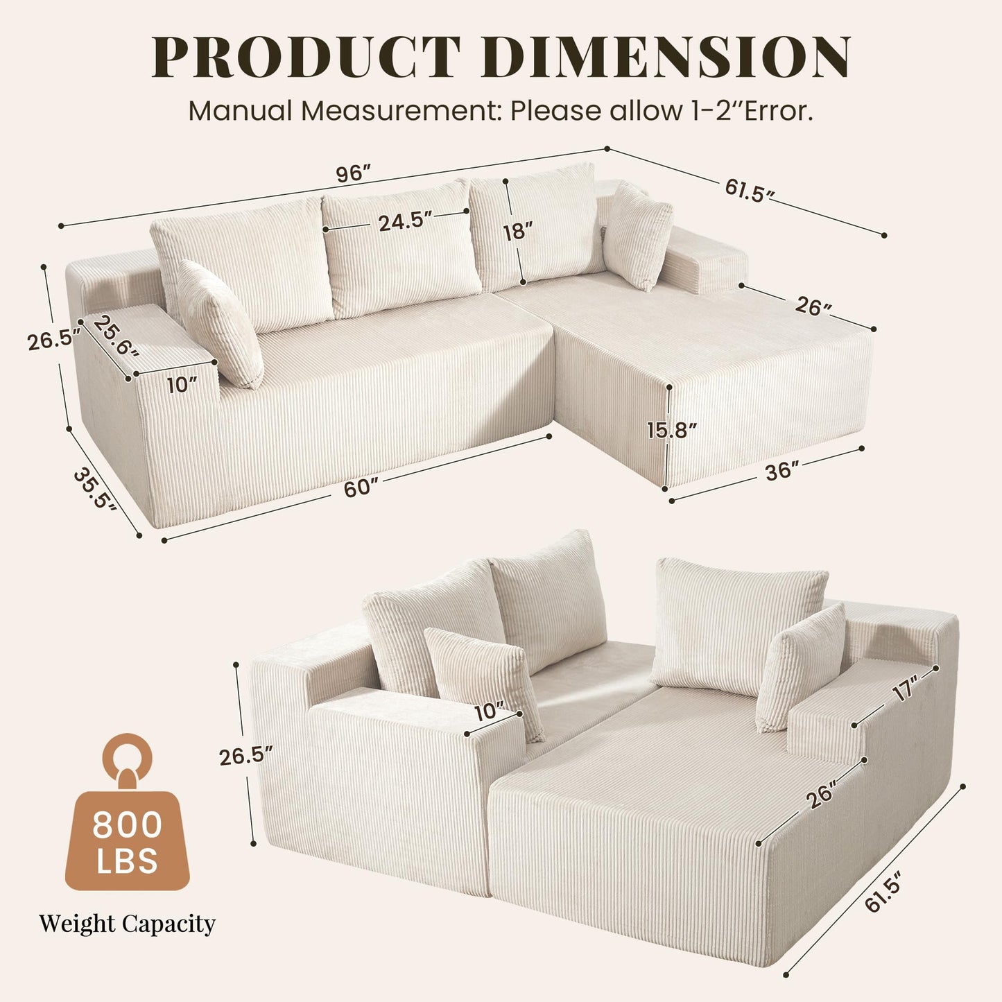 GRUSIGN Cloud Sectional Boneless Couches for Living Room, Modular L Shaped Couch with Deep Seat Oversized Right Facing Chaise, Memory Foam Compressed Spineless 3 Seater Sofa for Apartment, Beige