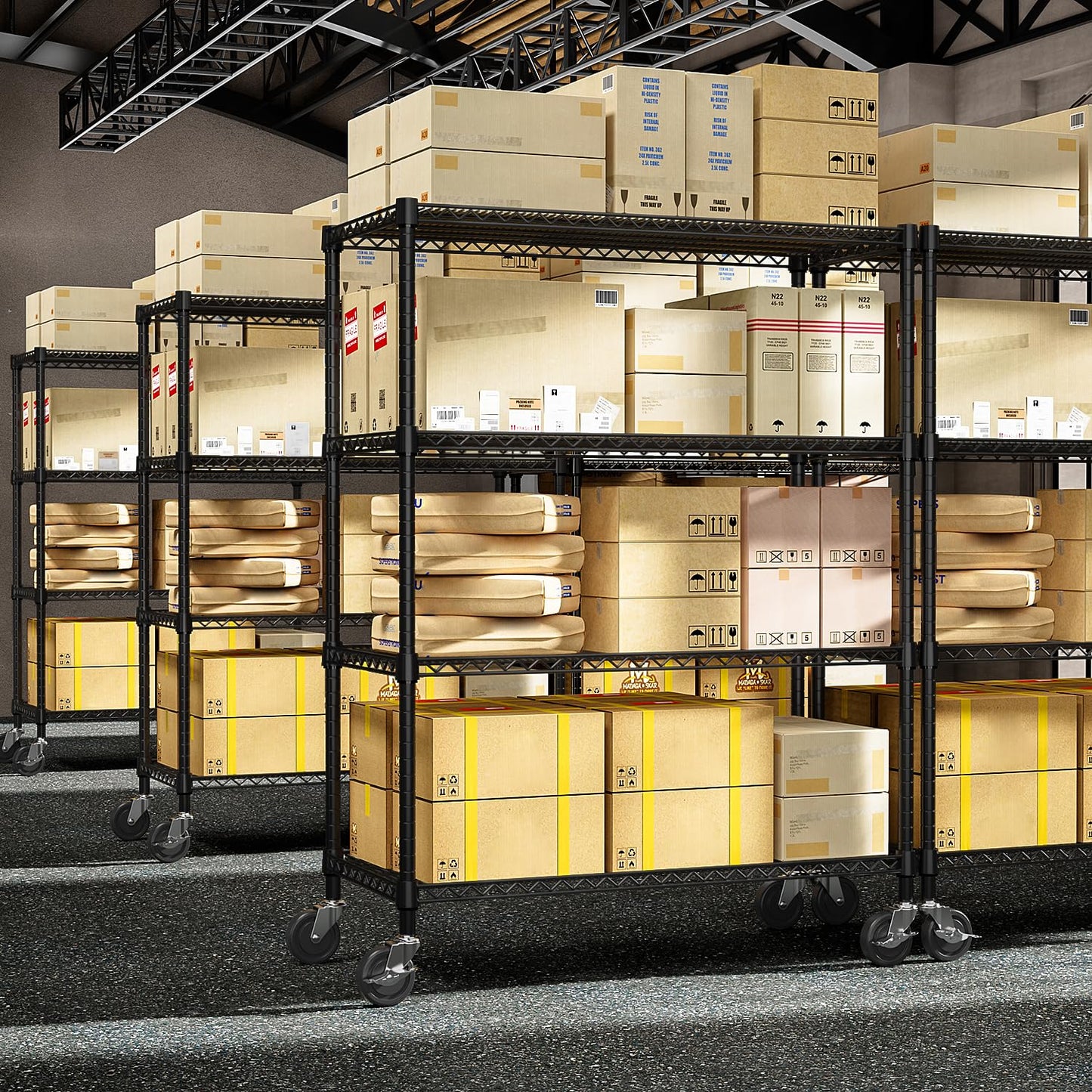 M MZG 53" W Storage Shelves 1760LBS 4 Tier Metal Shelving Unit with Wheels Heavy Duty Garage Shelving Adjustable Wire Shelves for Pantry,Kitchen,Garage,Basement,Black 23.6" D x 53.2" W x 73.6" H