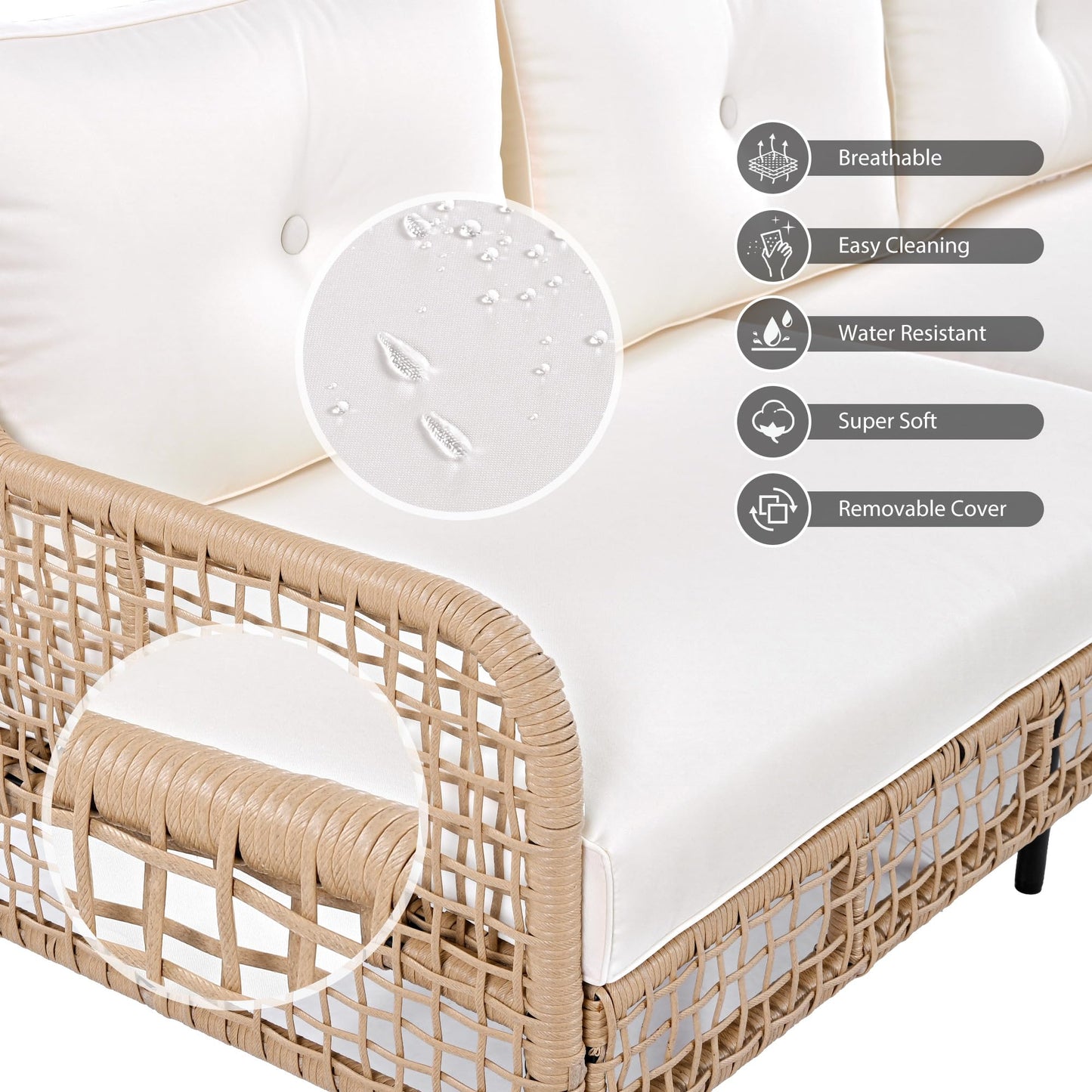 Merax 4 Pieces Patio Furniture Set for 5-Person, 2 Swivel Chairs + 3 Seater Couch Sofa + Rectangle Coffee Table, Sectional Rattan Wicker Outdoor Conversation Set for Poolside Backyard Deck, Beige