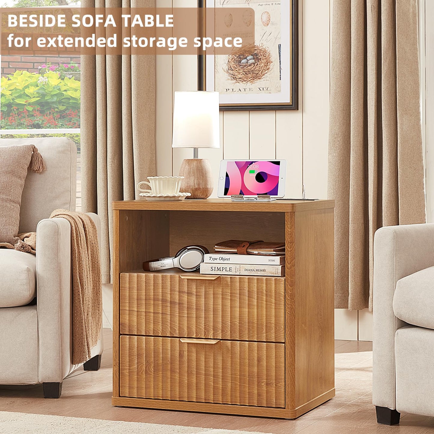 LEYAOYAO Fluted Farmhouse Nightstand Set of 2 with Charging Station, 23" Wide 2 Drawers End Table,Brown Dresser for Bedroom,Bed Side Table Chest of Drawers Cabinet,Wood Night Stand for Living Room