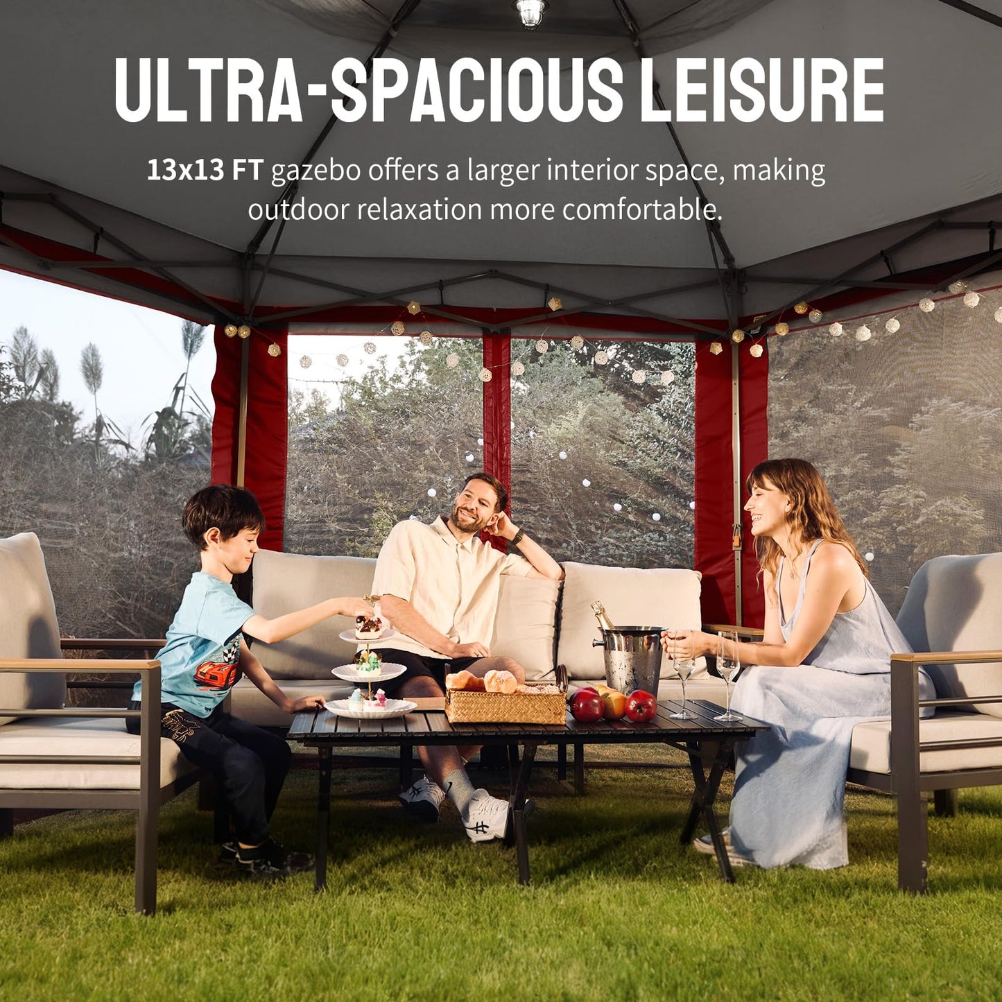 CROWN SHADES 13x13 Pop Up Gazebo with Mosquito Nettings, Patented CENTERLOK 6-Sided Portable Gazebo, 300D Silver-Coated Fabric UV Resistant, Pop Up Canopy Tent for Patio, Party, Red&Grey
