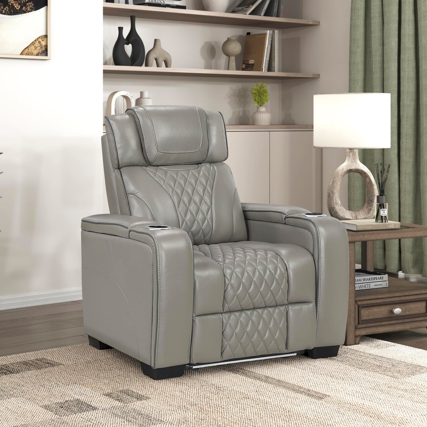 Lexicon Leather Power Recliner Chair with Heat/Massage/Headrest/Storage Arms/Cup Holders/LED Lights and Charging Ports, Top Grain Leather Match Wall Hugger Power Recliner Chairs for Adults, Grey