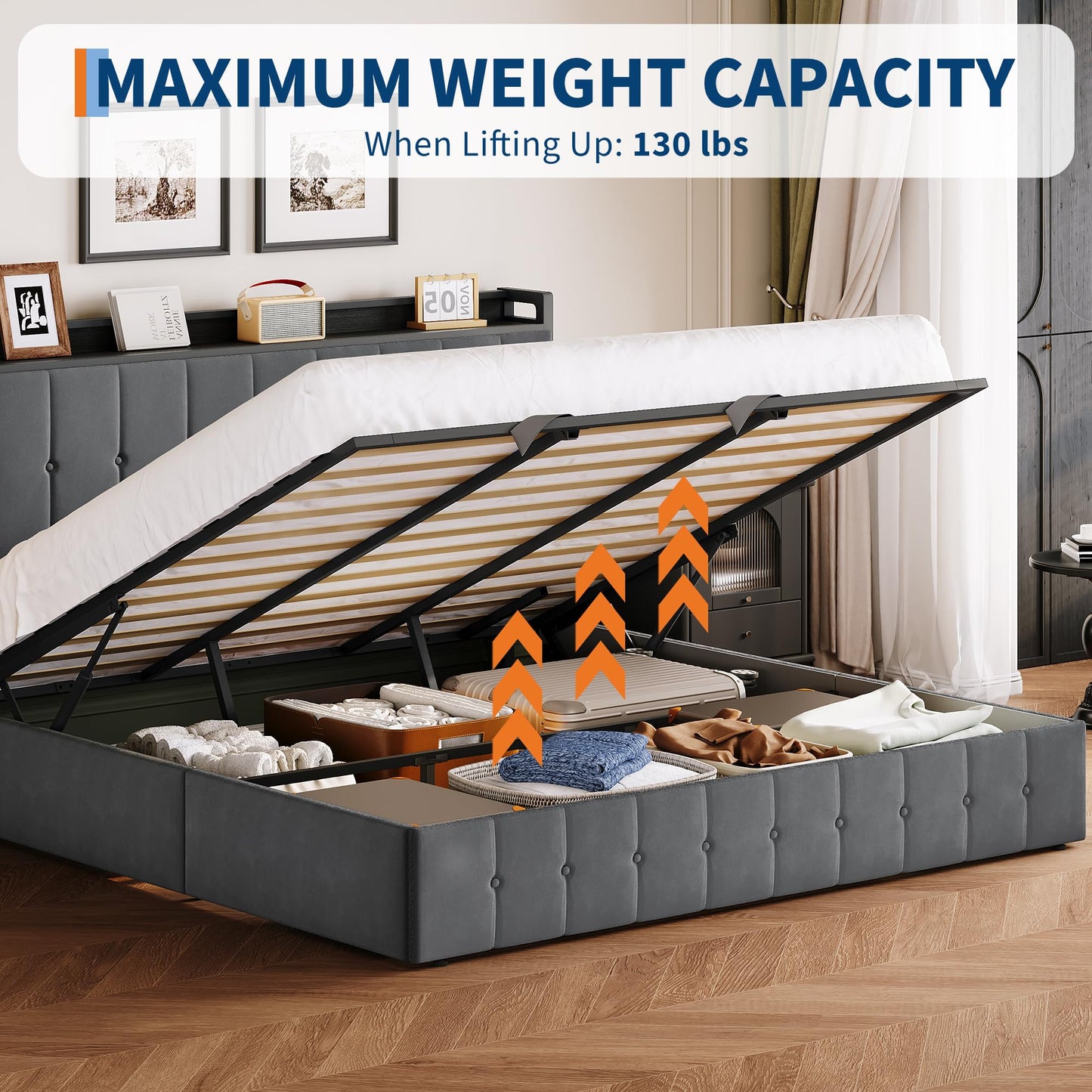 Garvee King Size Lift Up Storage Bed, Upholstered Velvet Bed Frame with Storage Headboard, Metal Platform Bed, No Box Spring Needed, Solid Wooden Slats, Noise Free, Grey