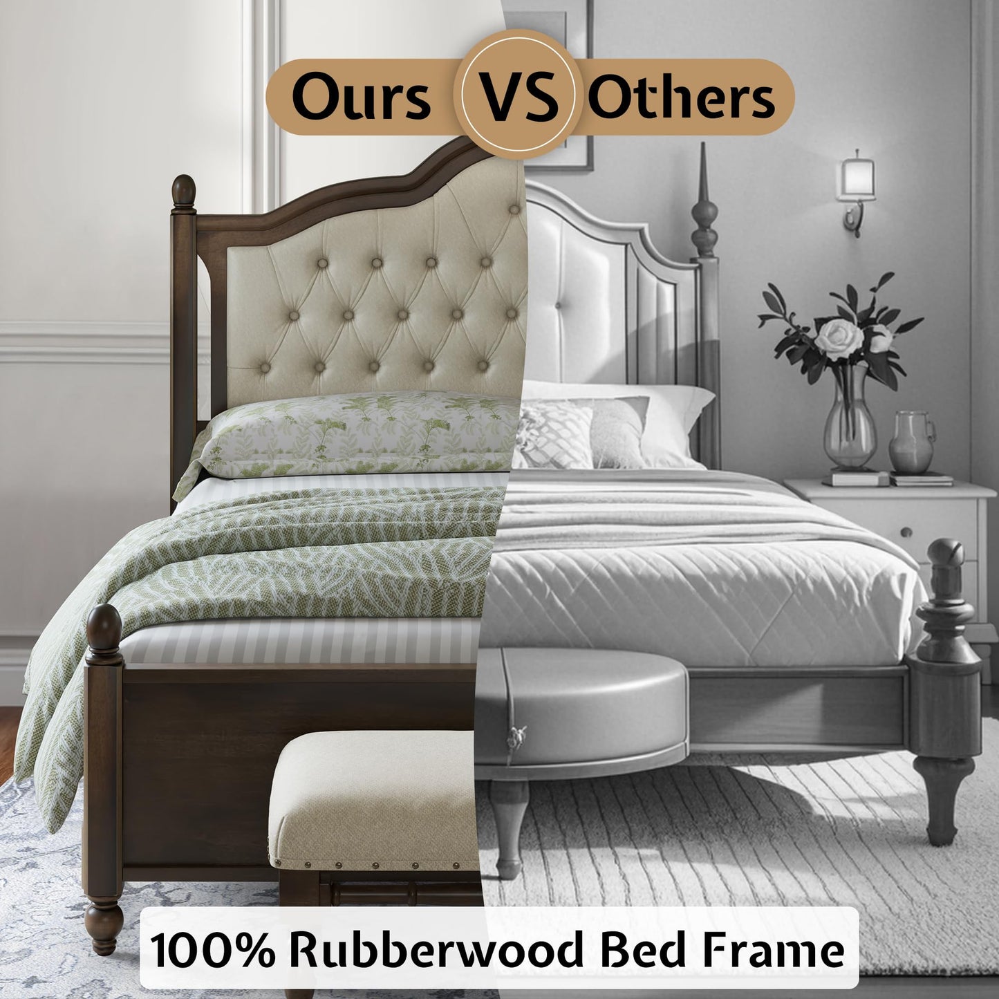 YUMPIE Queen Size Solid Wood Bed Frame, Transitional Platform Bed with 52.5" Tufted Upholstered Headboard, Rubberwood Construction, Roman Column Accents, No Box Spring Needed