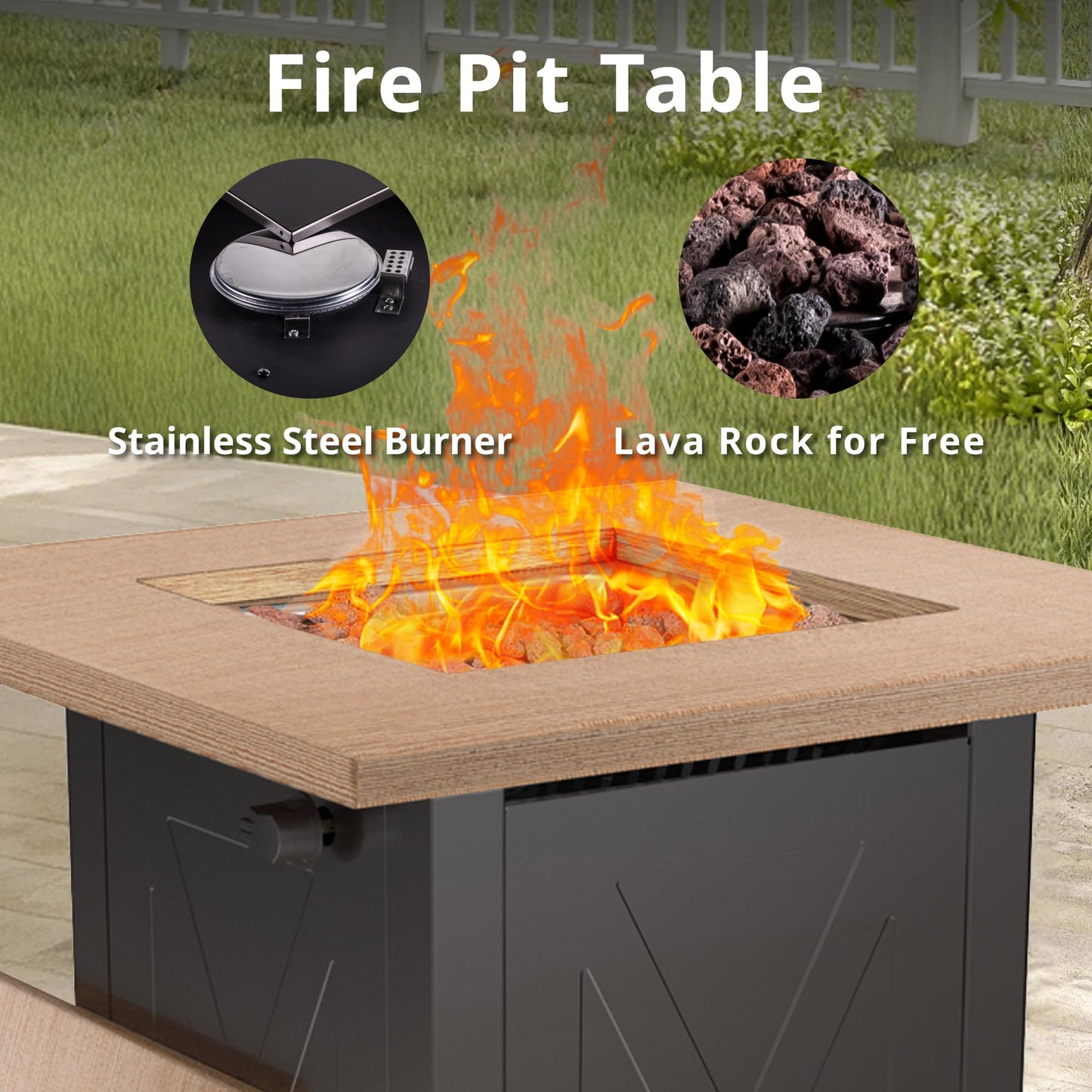 Hexago 28 Inch Outdoor Gas Square 50000 BTU Fire Pit Table with Lid, Bionic Wood Grain Propane fire pits Tables for Outside Backyard Garden Camping Party